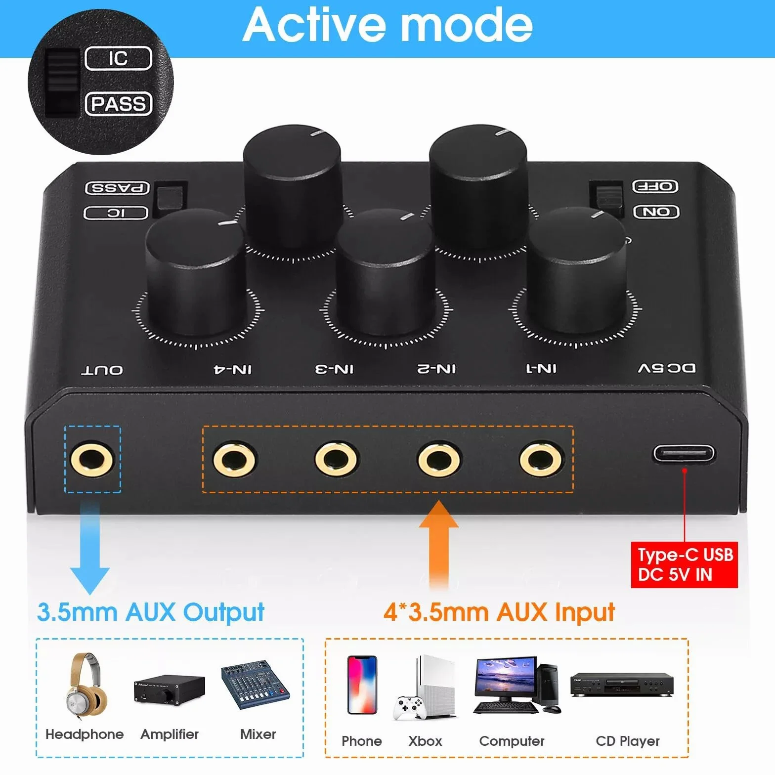 Mini stereo 4-kanałowy mikser audio, ultra niski poziom hałasu, mikser domowy / studio/bar