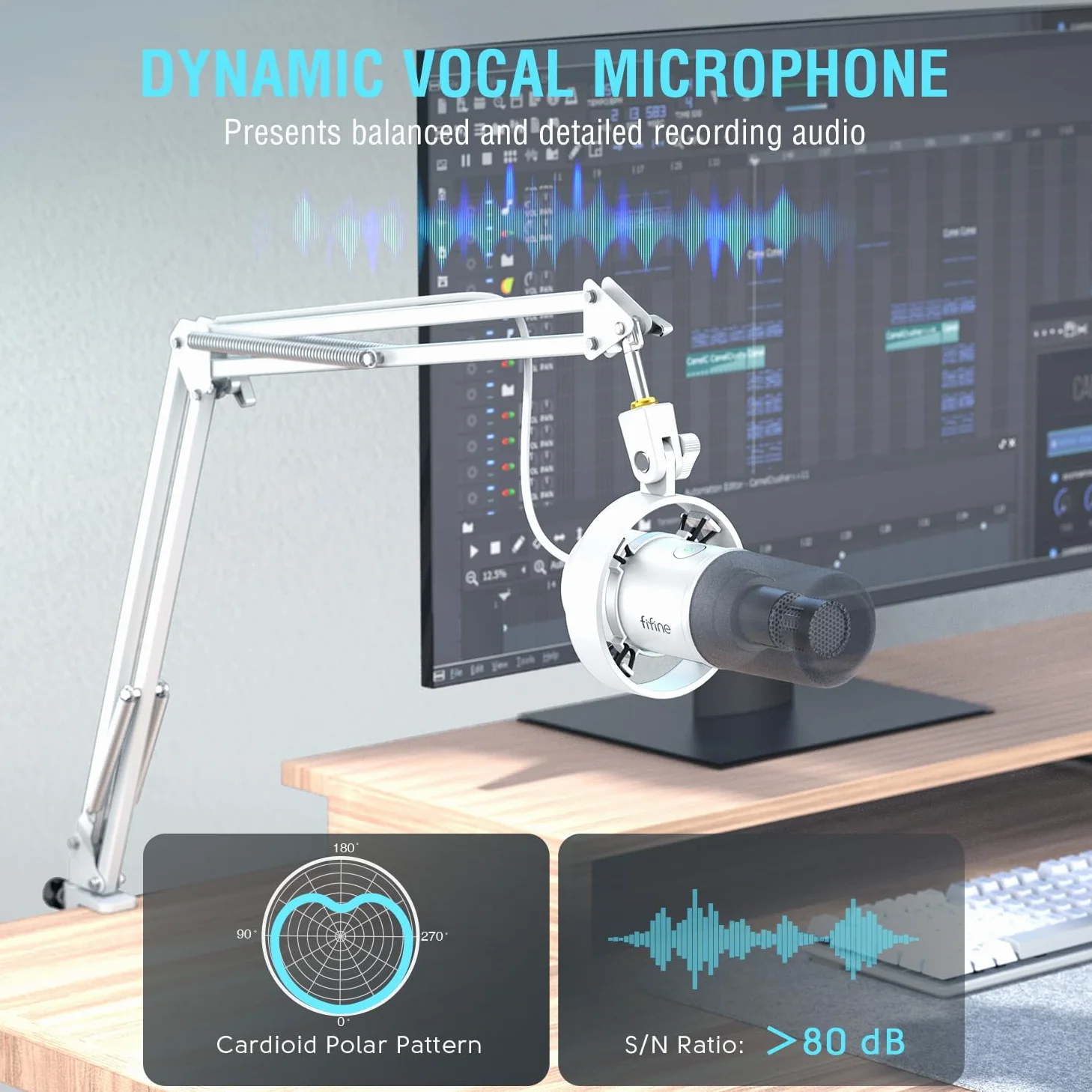 FIFINE Biały zestaw mikrofonu do podcastów, dynamiczny z ramieniem wysięgnika, port XLR/USB dla PC/miksera, gamingowy z gniazdem słuchawkowym do wokalu, streamingu, nagrań muzycznych – K688CTW