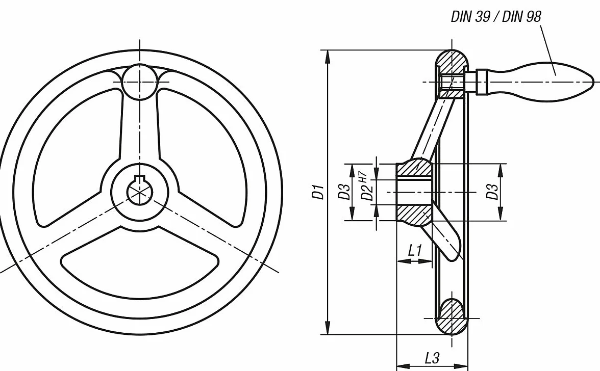 KIPP – elementy sterujące | elementy znormalizowane K0671.3200X18 koło ręczne z rowkiem żeliwo szare, komp: stal, D2=18, D1=200, 200mm 18mm