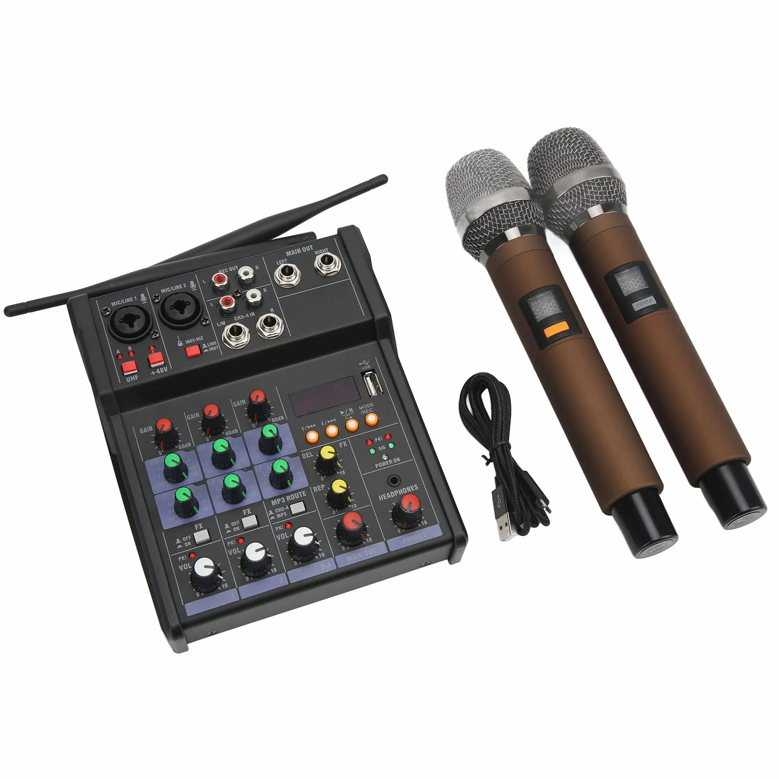 4-kanałowy Mały Mikser Bluetooth Audio z 2 Mikrofonami Bezprzewodowymi - Procesor Stereo do Transmisji na żywo