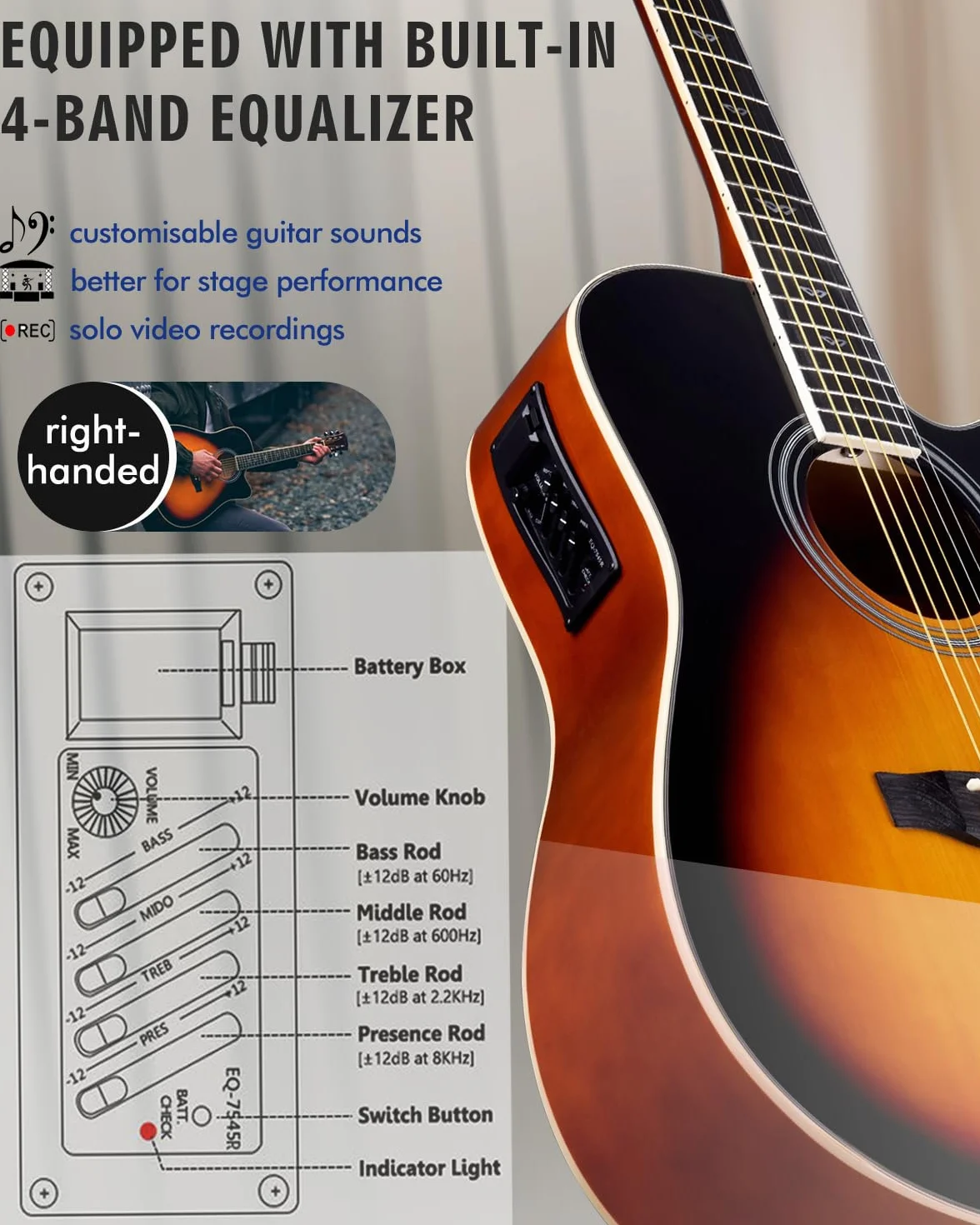 Winzz Elektryczna gitara akustyczna 4/4, zestaw do gitary westernowej, dla początkujących, gitara akustyczna, 41", z 4-pasmowym korektorem (Dreadnought, błyszcząca)