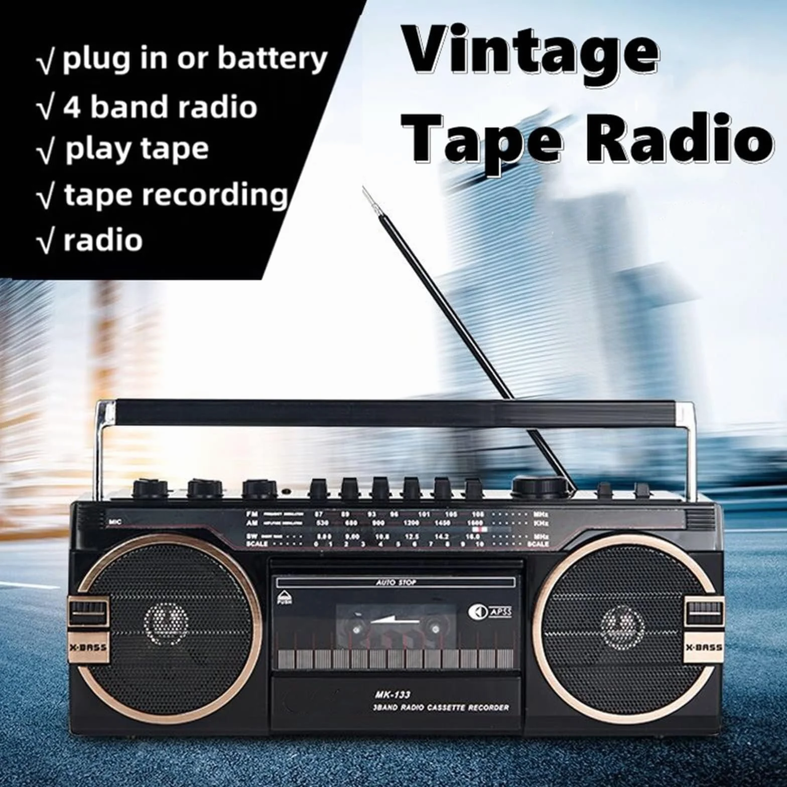 Przenośny odtwarzacz kasetowy Boom Box, magnetofon Bluetooth retro, głośnik radiowy AM/FM, na spotkania rodzinne, podróże