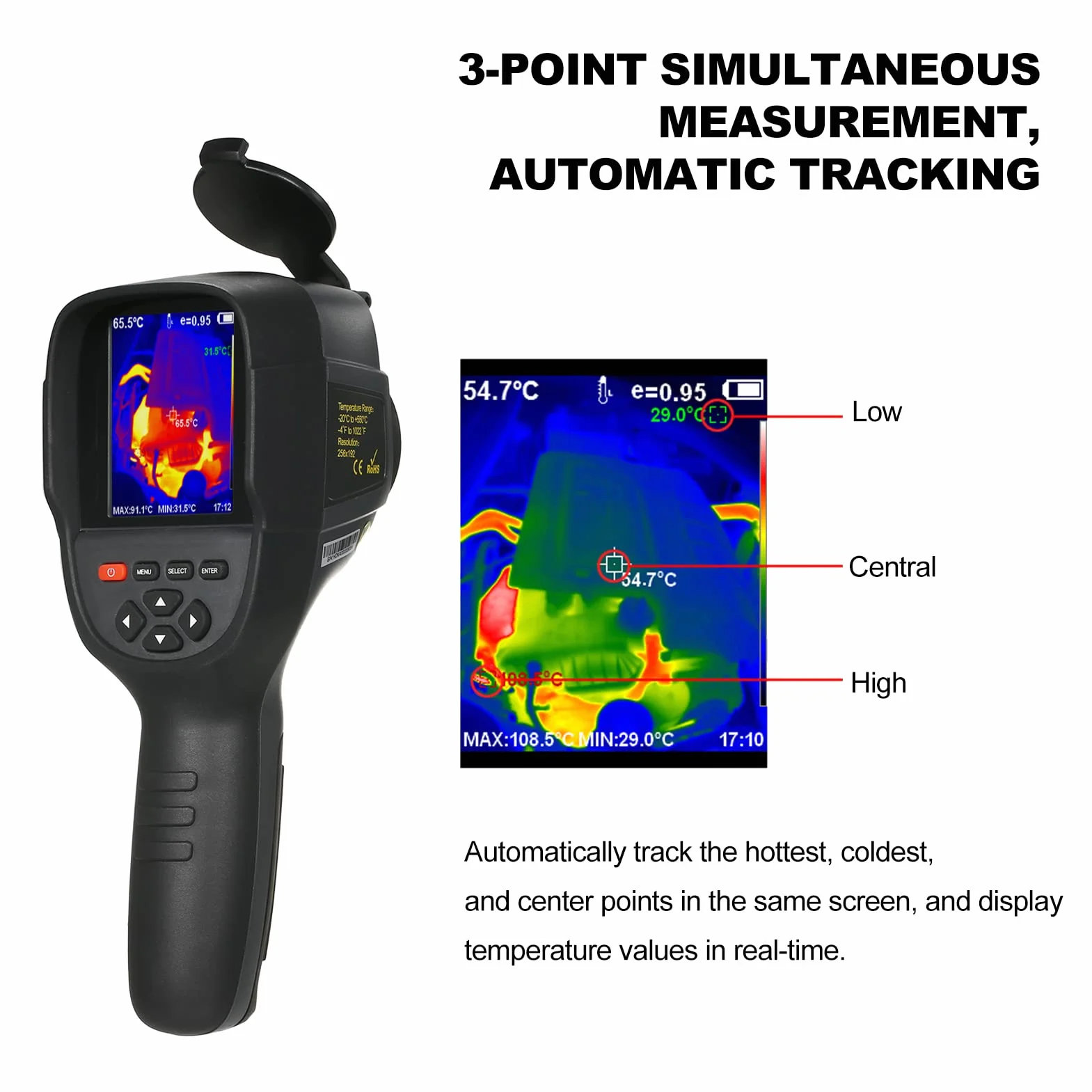 HT-H18+ kamera termowizyjna na podczerwień 2000 mAh Reable Handheld IR Thermal Imager -20 ~ 550℃/-4~550℃ Temperatura 256 x 192 Rozdzielczość z 3,2-calowym ekranem LCD, 5 palet kolorów