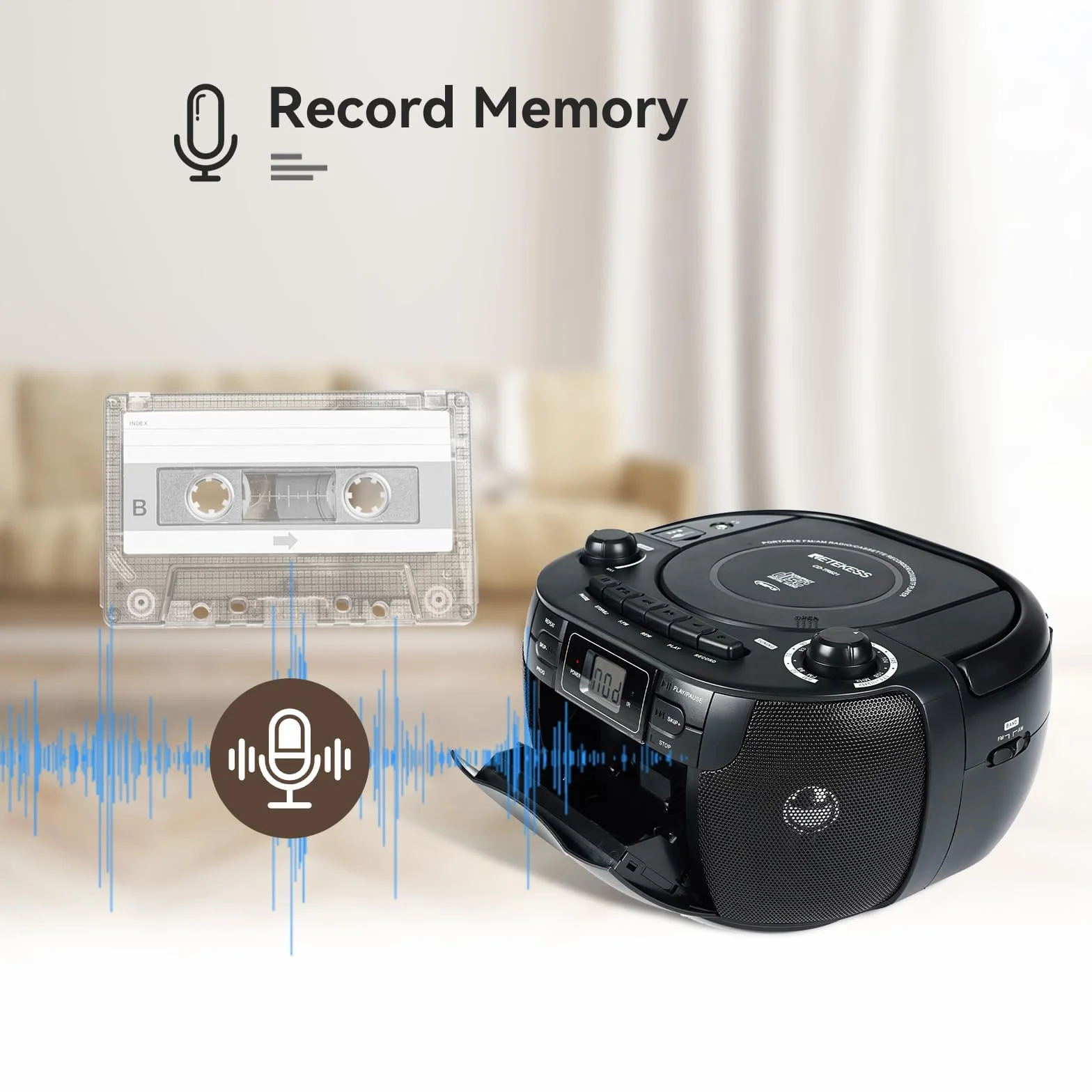 Retekess TR621 Przenośny Odtwarzacz CD Boombox Stereo z Radiem AM FM, Odtwarzacz Kasetowy, Magnetofon Kasetowy, Obsługa USB/TF/Słuchawek, z Pilotem (czarny)