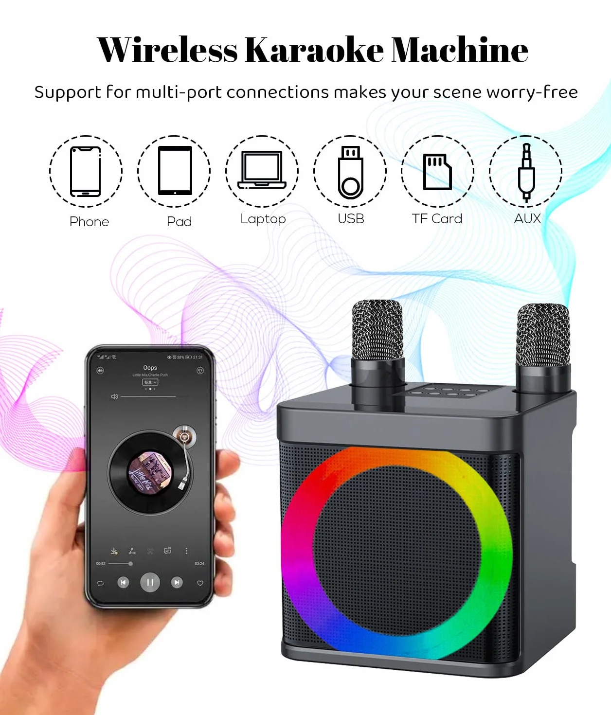 Maszyna do karaoke dla dorosłych i dzieci z 2 bezprzewodowymi mikrofonami UHF, przenośny głośnik Bluetooth, system głośników PA z lampkami imprezowymi LED, na imprezę, piknik, do samochodu, na