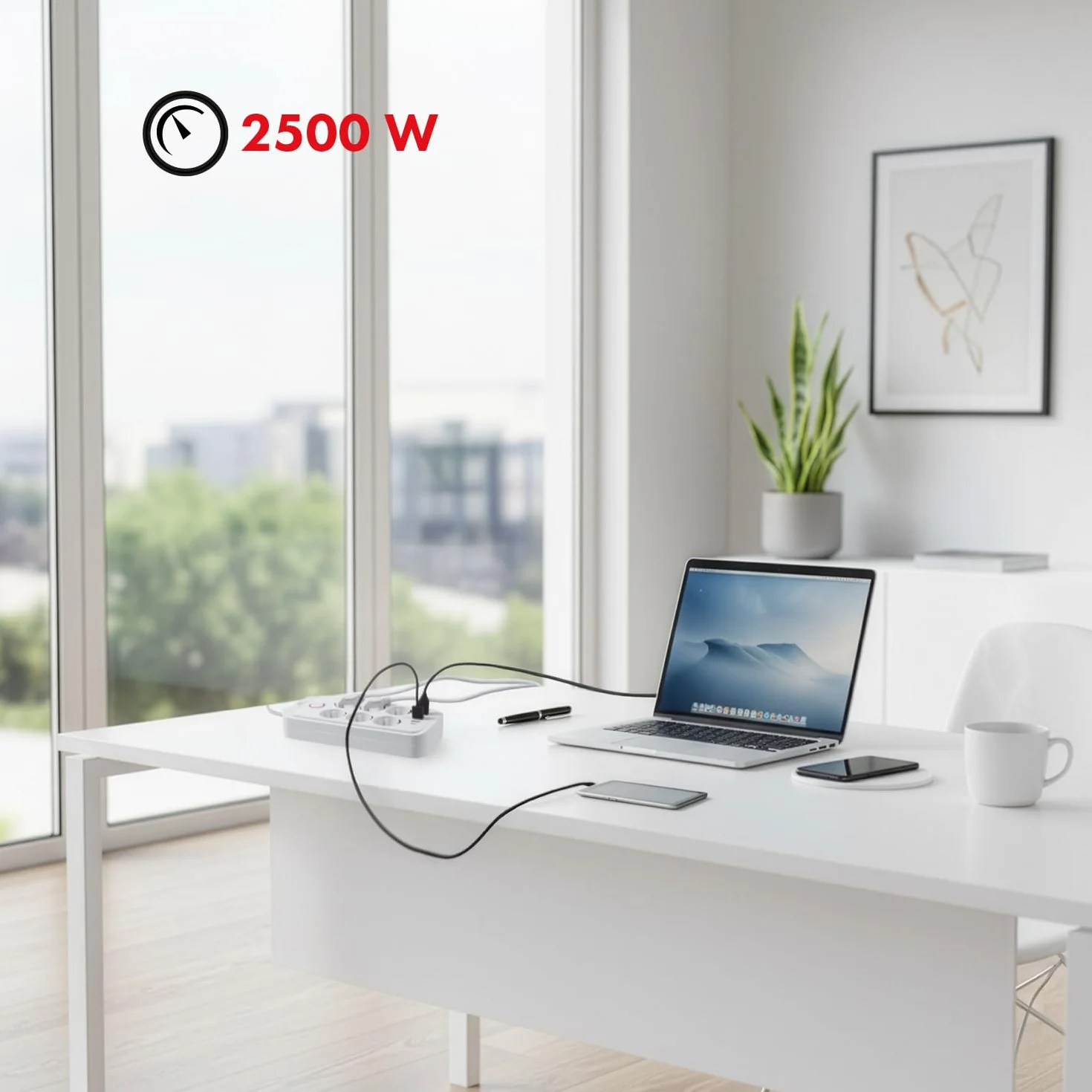 Maclean MCE389/391 Listwa zasilająca | 6 gniazdek 4xUSB 1xUSB-C 2500 W | przedłużacz biurkowy z wyłącznikiem | porty pod kątem 45° | montaż na ścianie (Biały, 6 gniazd + 4xUSB / 3m)