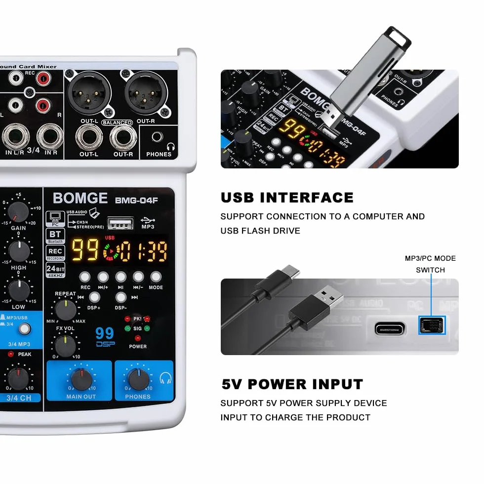 BOMGE 4-kanałowy mikser dźwięku DJ z Bluetooth MP3/USB 48V 24 DSP efekty Echo biały