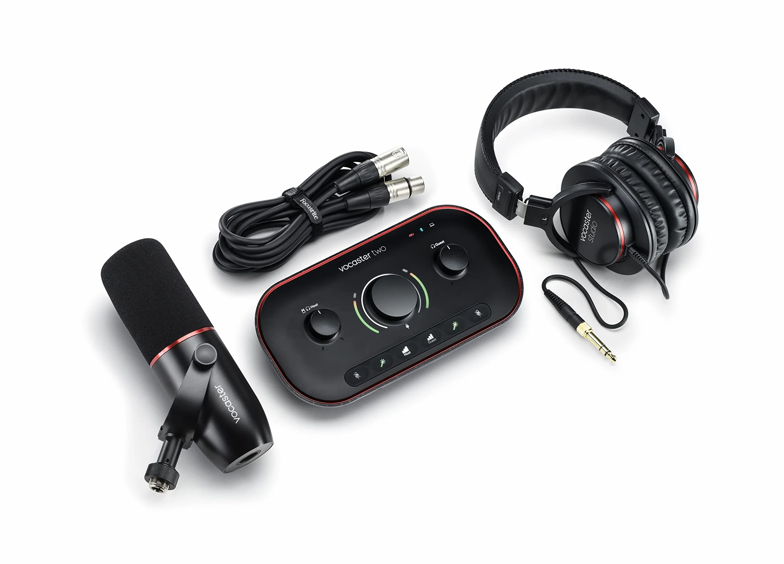 Focusrite Vocaster Two Studio Interfejs do podcastów do nagrywania prezentera i gościa, z profesjonalnym mikrofonem dynamicznym DM14v i słuchawkami HP60v Dwa wejścia mikrofonowe i dwa wyjścia słuchawkowe.