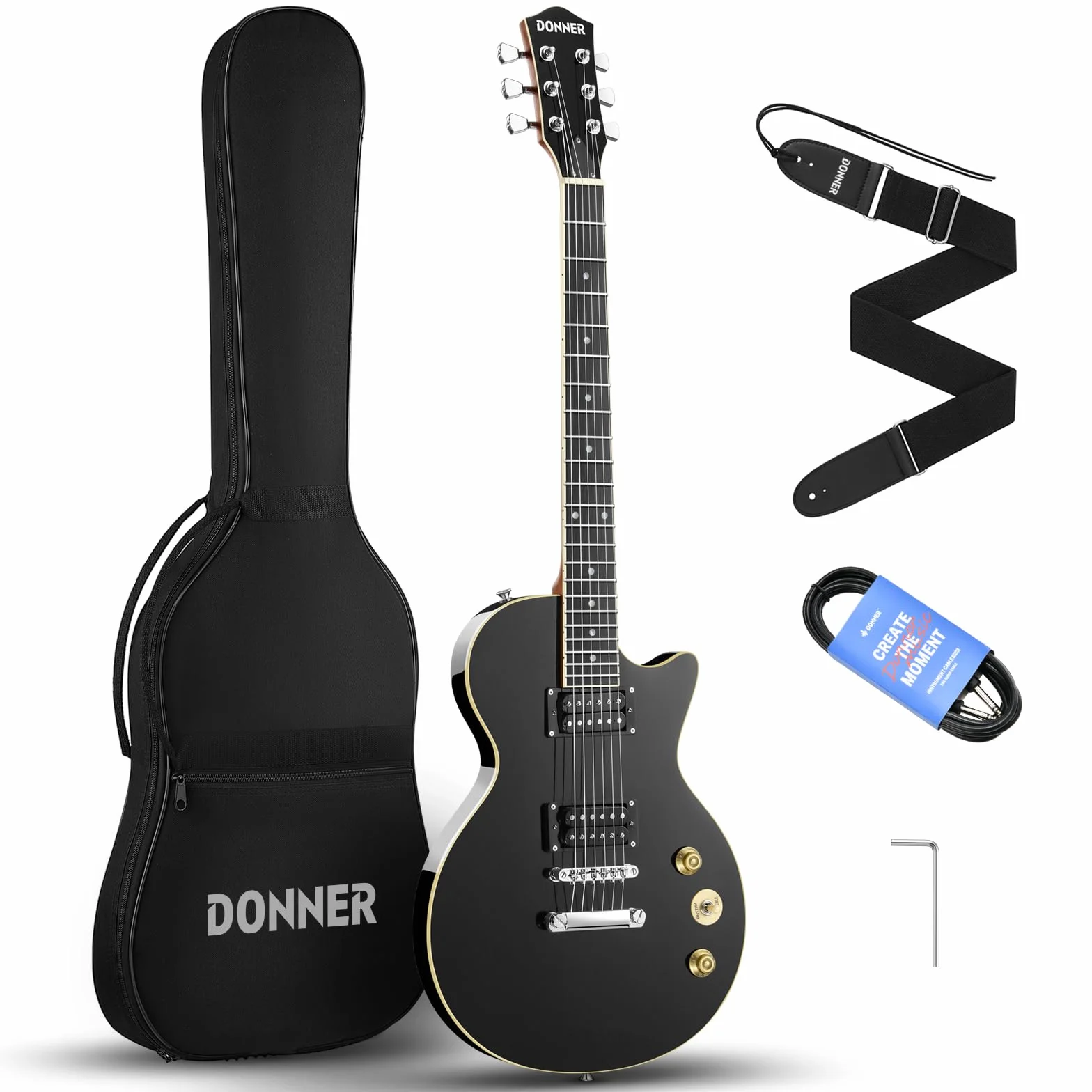 Donner Gitara elektryczna zestaw gitar elektrycznych w stylu LP 39 cali pełny rozmiar z torbą, paskiem, kablem (czarny)