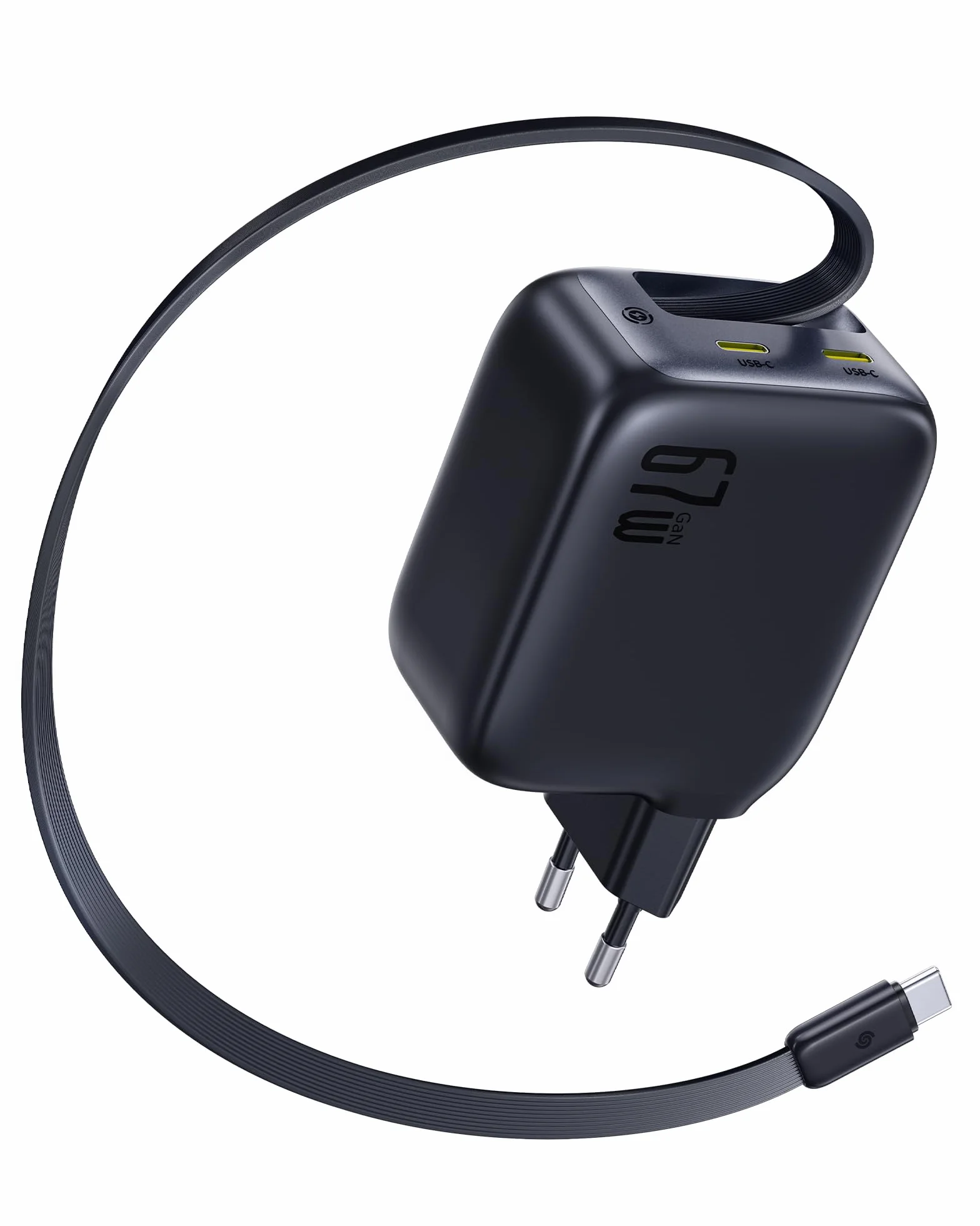 Baseus Enercore Ładowarka USB-C 67W z Wysuwanym Kablem, Zasilacz GaN z 2 Portami USB-C, Kompaktowa Szybka Ładowarka Zgodna z MacBook Pro, Dell, HP, iPad, iPhone 16 Pro, Galaxy S25