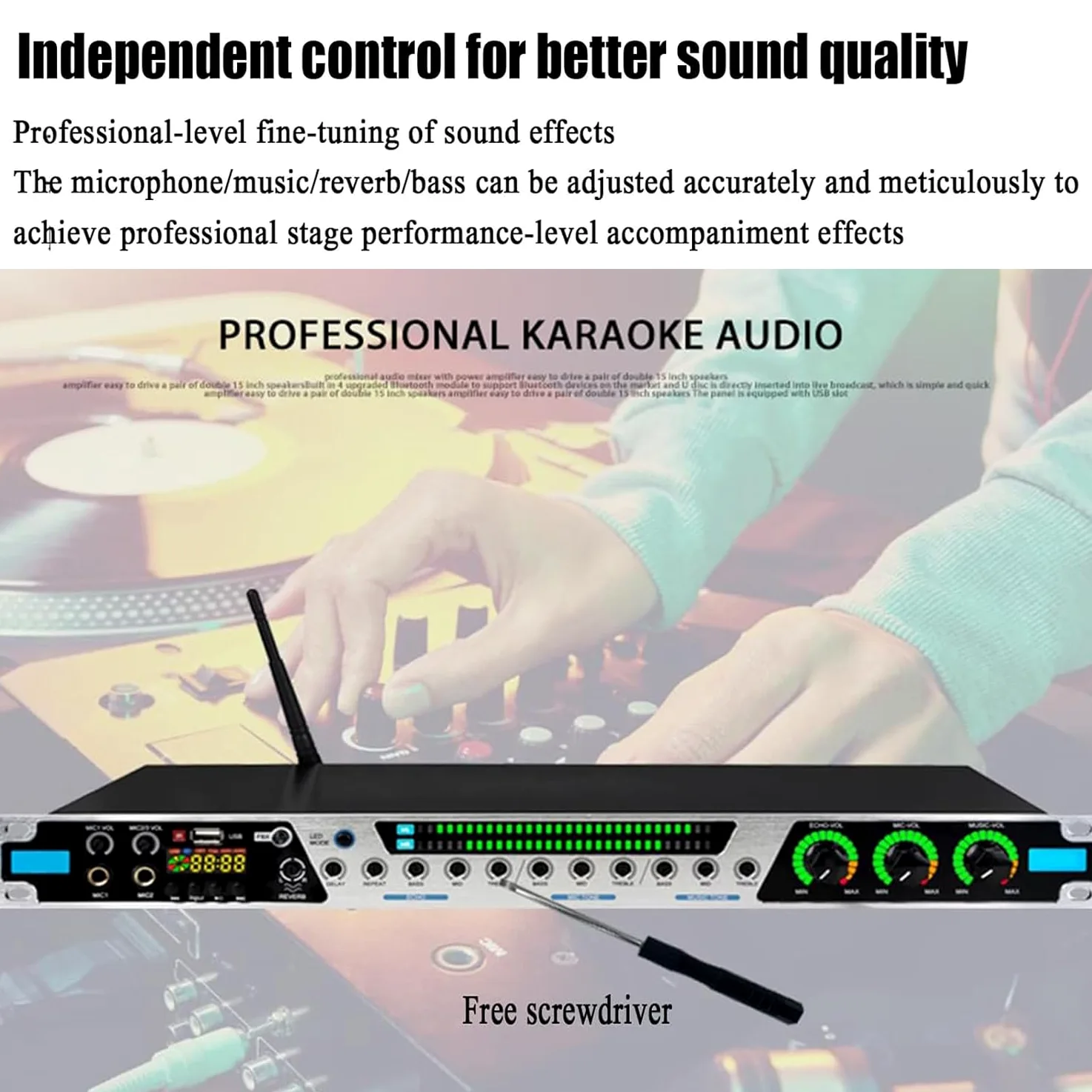 Efekt miksera karaoke, cyfrowy pogłos przedetapowy z wejściem Bluetooth/USB/światłowodowym/koncentrycznym, procesor dźwięku zapobiegający wyciu, 7 rytmów migania światła