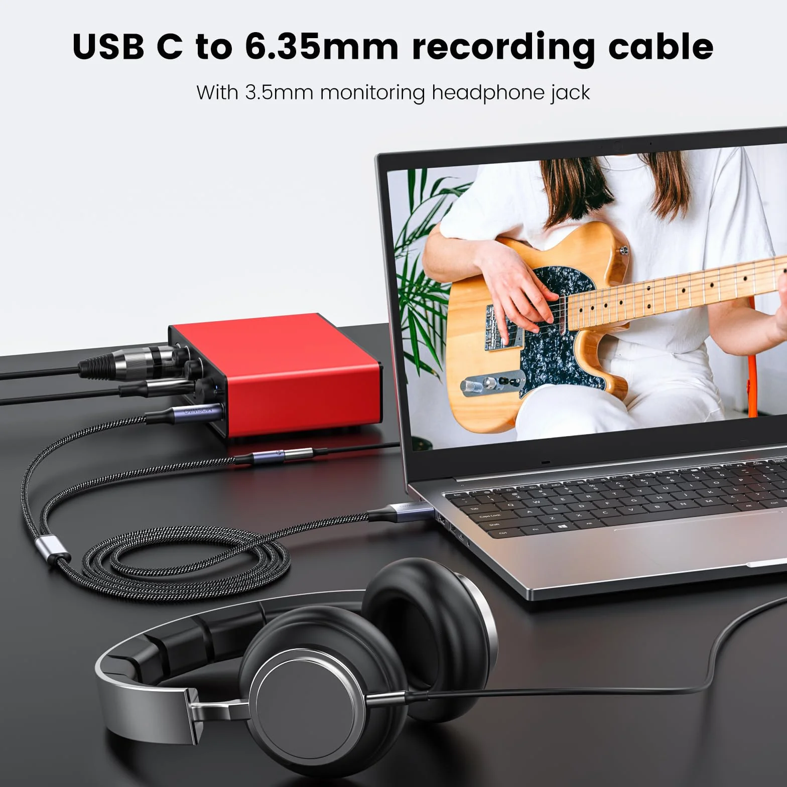MOSWAG Kabel audio 6,35 mm na USB, 1/10.2 cm męski na USB A kabel do nagrywania ze słuchaniem, nylonowy pleciony kabel instrumentu muzycznego do nagrywania muzyki, słuchania, śpiewania