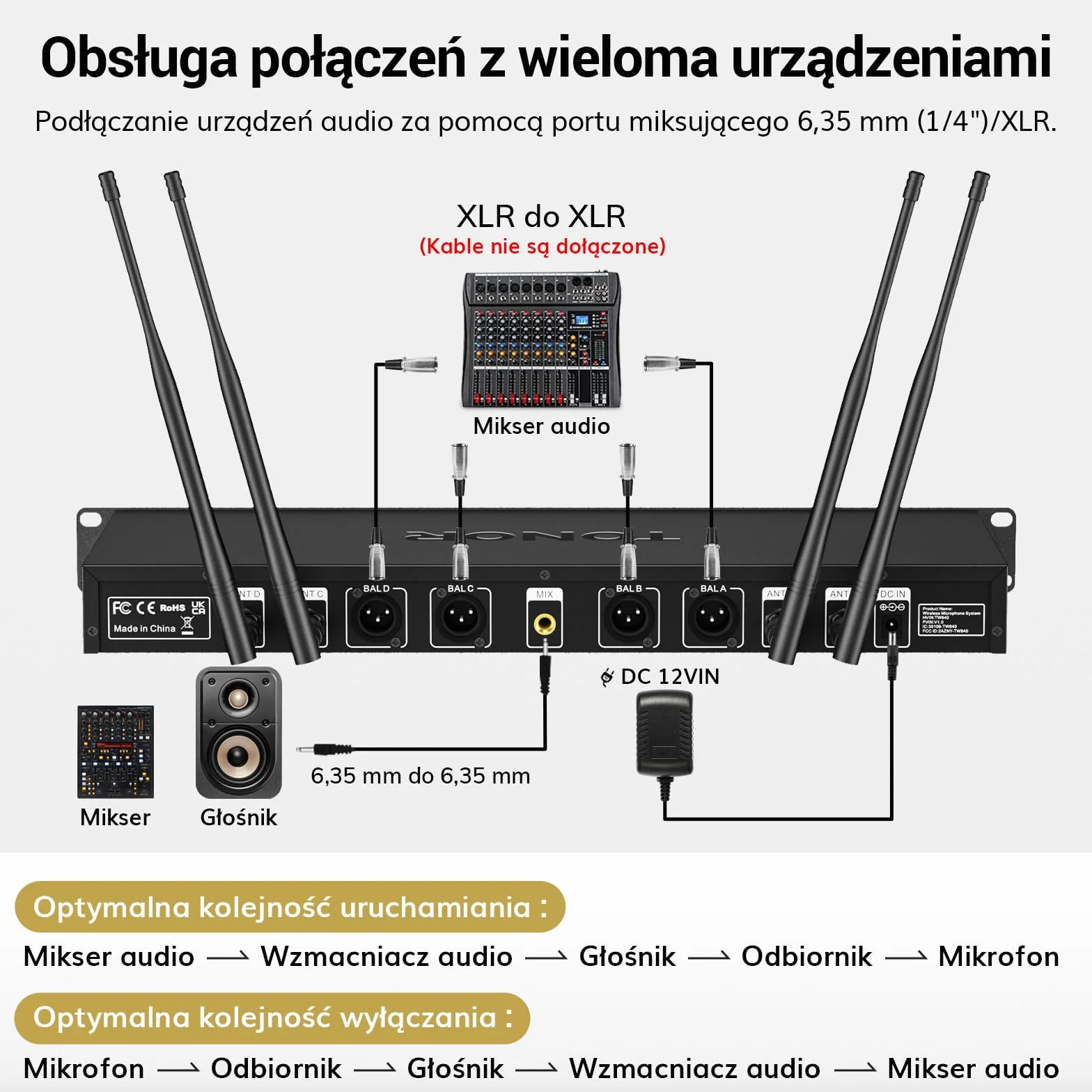 Bezprzewodowy system mikrofonowy TONOR UHF z podwójnymi mikrofonami nausznymi, nadajnikami Bodypack, odbiornikiem akumulatorowym, 4x5 kanałów, zasięg 90 m, do nagrywania mowy, głośników PA