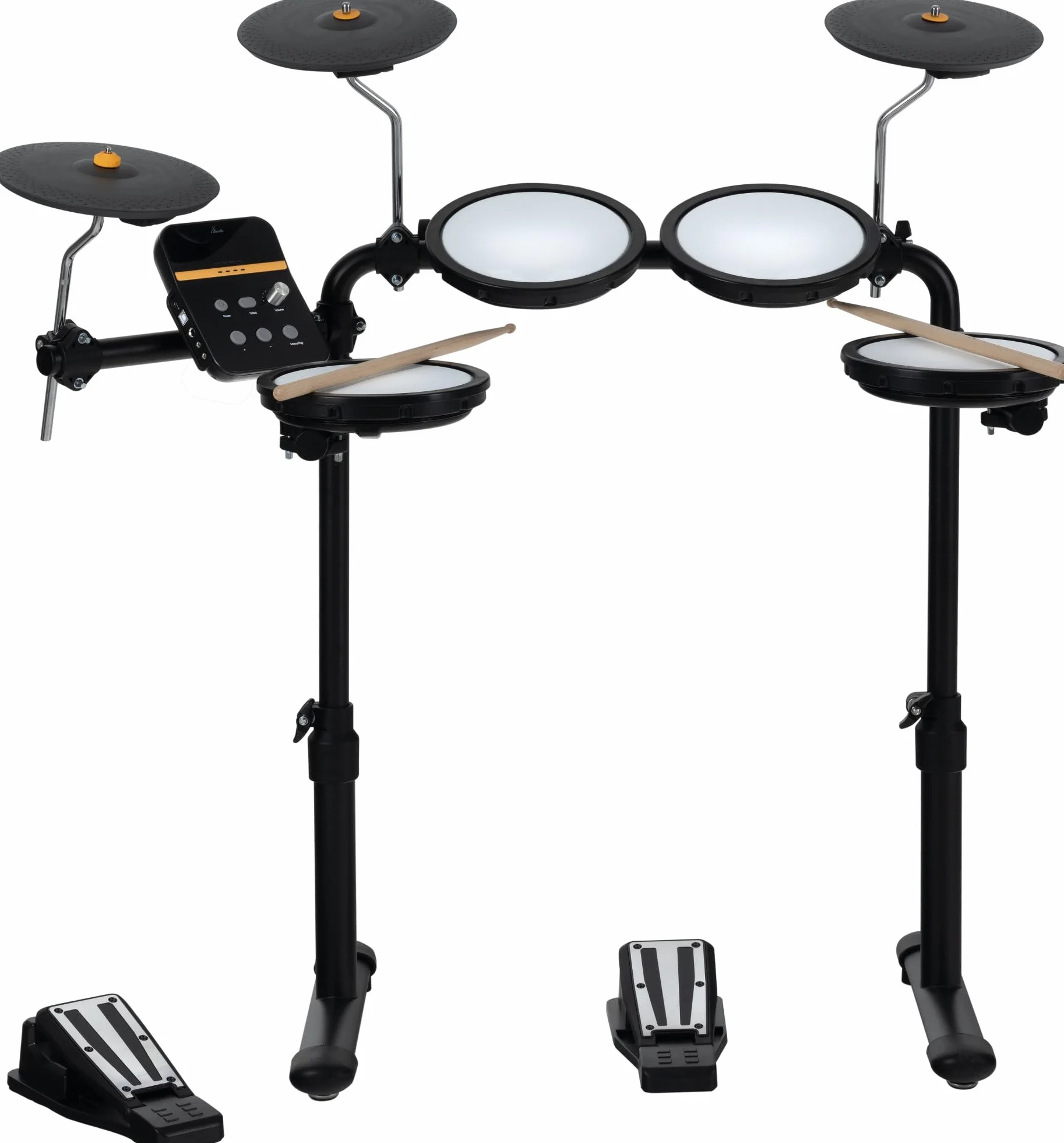 XDrum DD-250 zestaw perkusyjny z głowicami siatkowymi – perkusja elektroniczna z 4 podkładkami z siateczki, 3 podkładkami na talerze, kontrolerem nożnym Kick & Snare, Rack & Sticks – 12 zestawów z 68