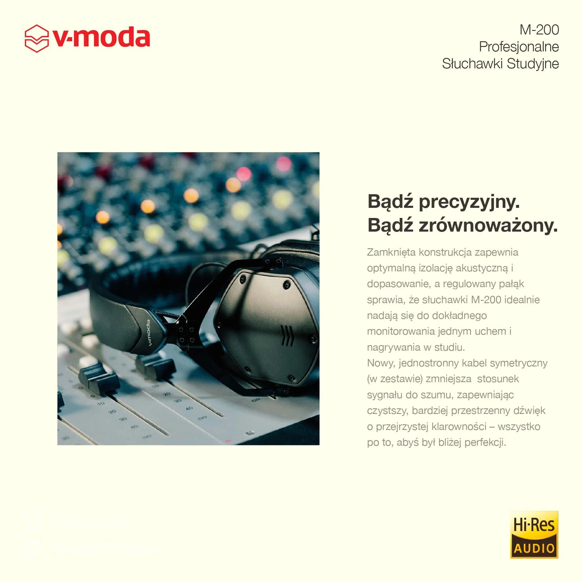 Profesjonalne Śłuchawki Studyjne V-MODA M-200 | Lekka Metalowa Konstrukcja | Regulowany pałąk do Monitorowania Jednym Uchem | Certyfikat Hi-Res Audio | Etui Exoskeleton | Matowa Czerń
