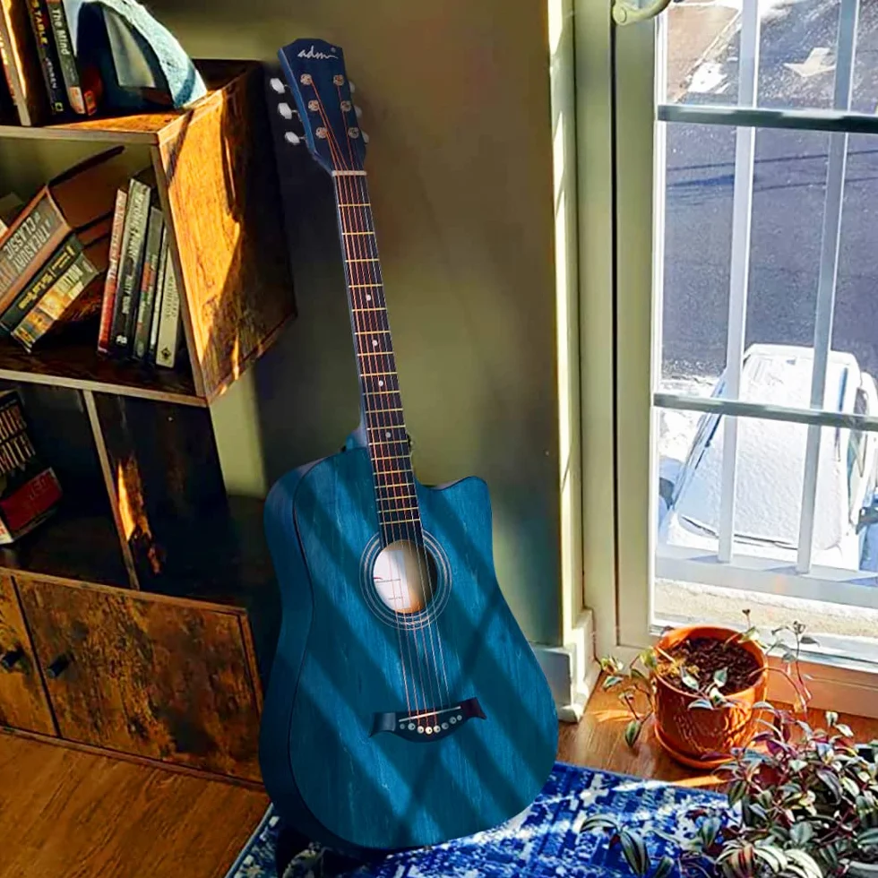 ADM Gitara akustyczna dla dorosłych, początkujących, gitara ludowa dla dzieci w wieku 8+, zestaw do gitary akustycznej ze stalowymi strunami, niebieska gitara podróżna, 96 cm, prezenty gitarowe dla chłopców i dziewcząt