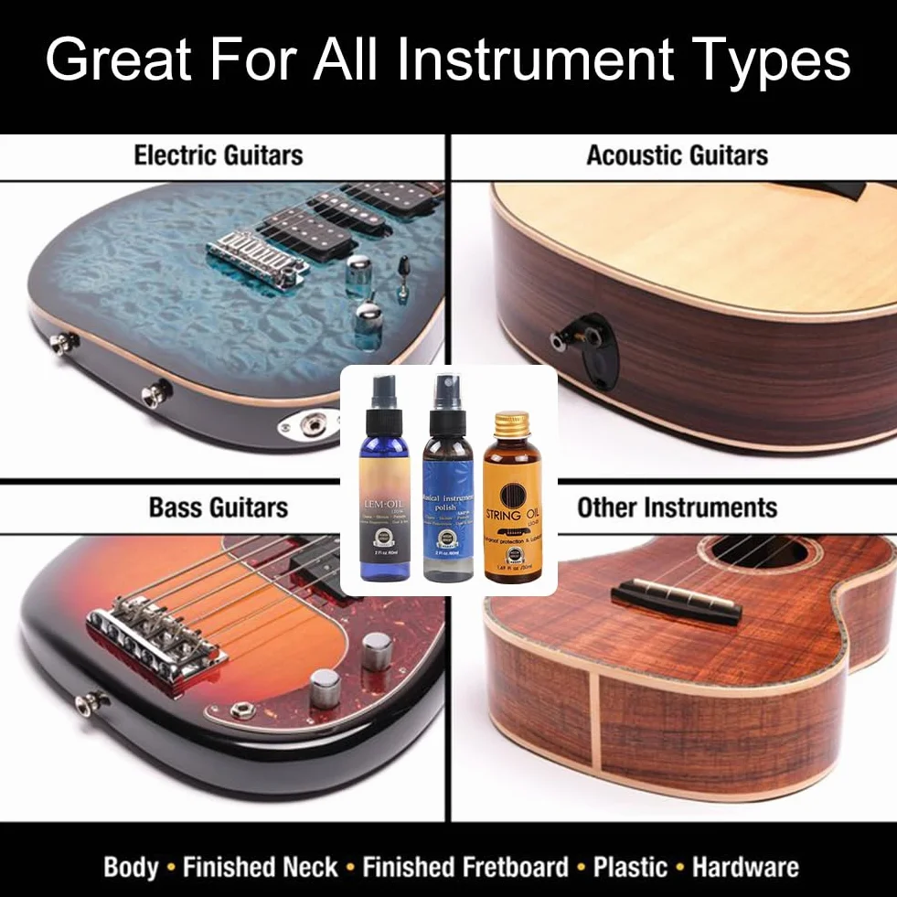 Czyszczenie gitary, Zestaw do czyszczenia gitary, Zestaw do pielęgnacji gitary, Guitar Cleaning Set, z politurą do gitary, olejem cytrynowym do podstrunnicy, olejem do czyszczenia strun, ściereczką do