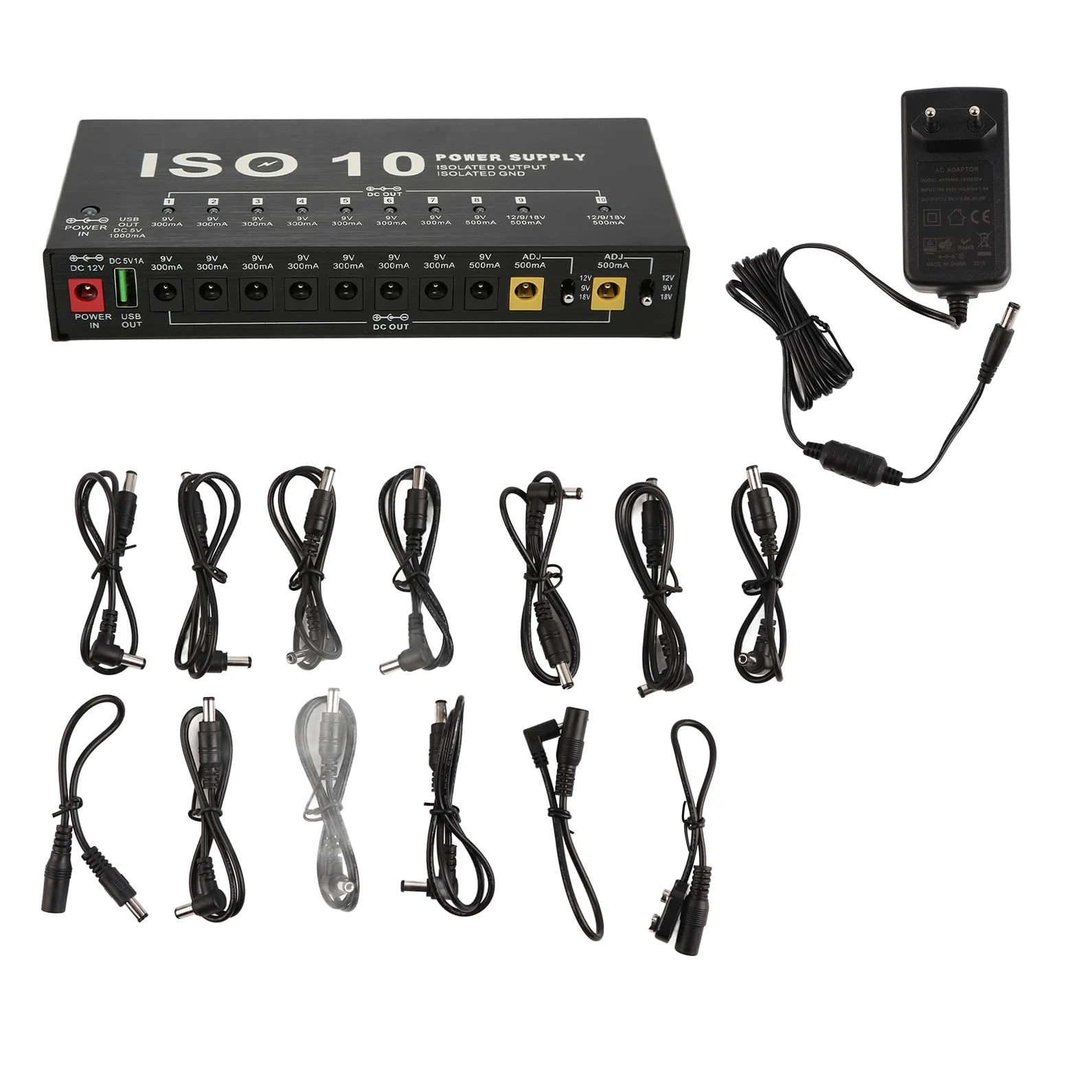 DC 12V Zasilacz do Pedału Gitarowego Metalowy Zasilacz do Pedałów 10 Izolowanych Wyjść Multiefekt Mocy z 2 Regulowanym Napięciem Kabel Przejściowy 3,5 Mm(EU Plug)