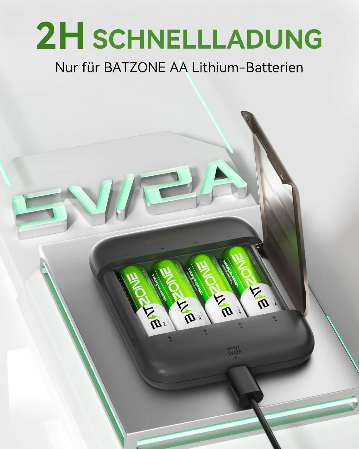 BATZONE Baterie litowo-jonowe AA 4-pak z ładowarką, 2500 mAh Wysoka pojemność 1,5 V baterie AA