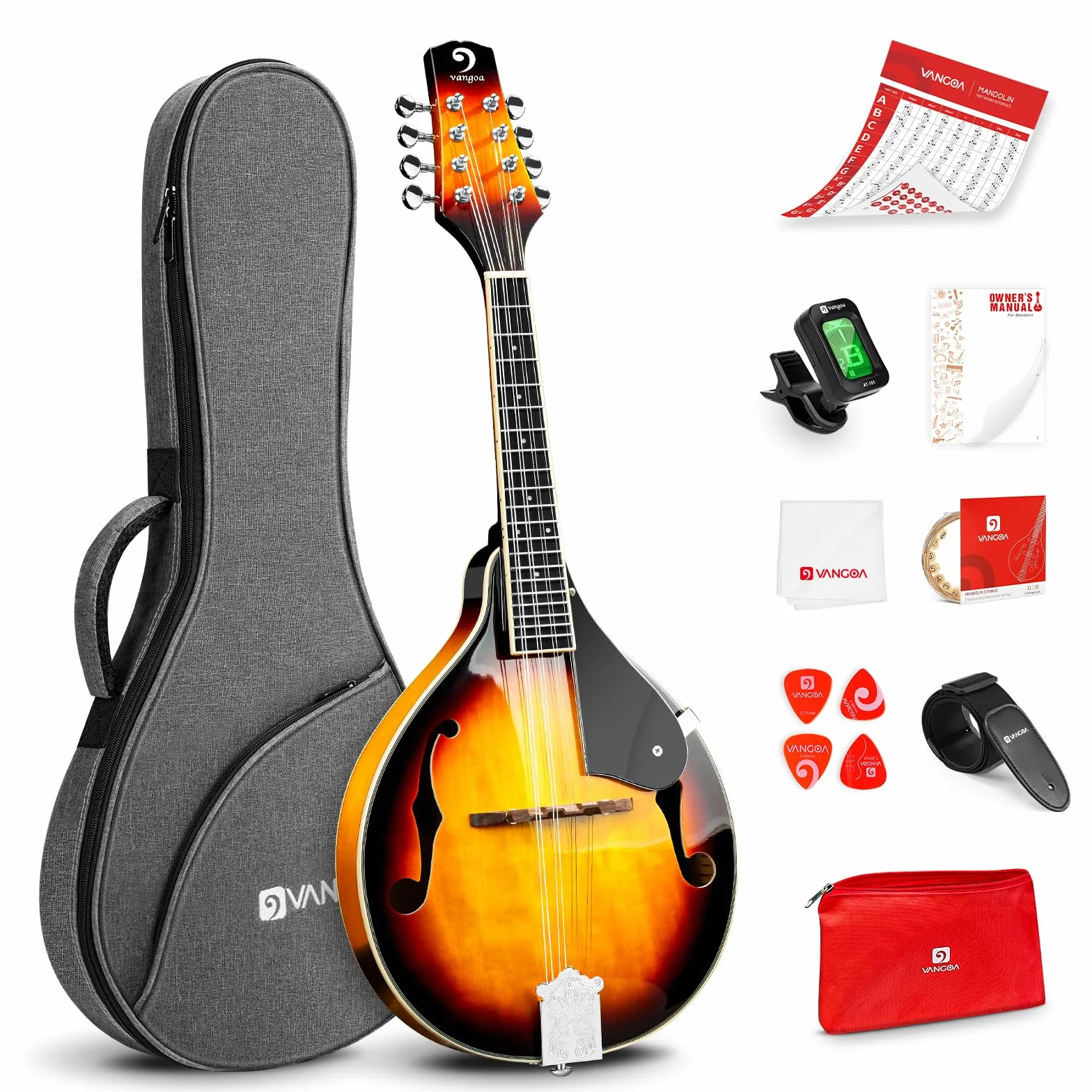 Vangoa Mandolina Instrument A Style Sunburst akustyczna mandolina dla początkujących z tunerem, strunami, torbą koncertową, kostkami