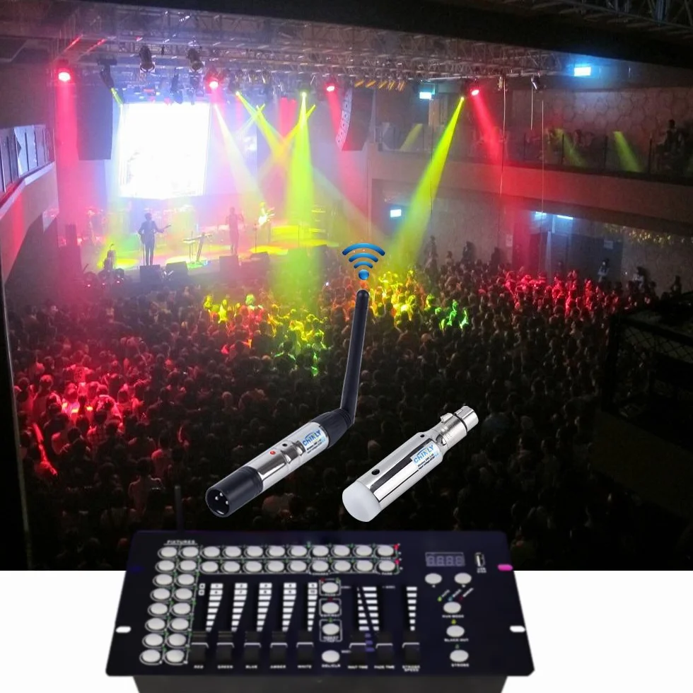 XLR nadajnik/odbiornik męski/żeński 2,4 G, ISM DMX512, z anteną,do oświetlenia scenicznego. 1 Sender & 5 Empfänger (Batterie)