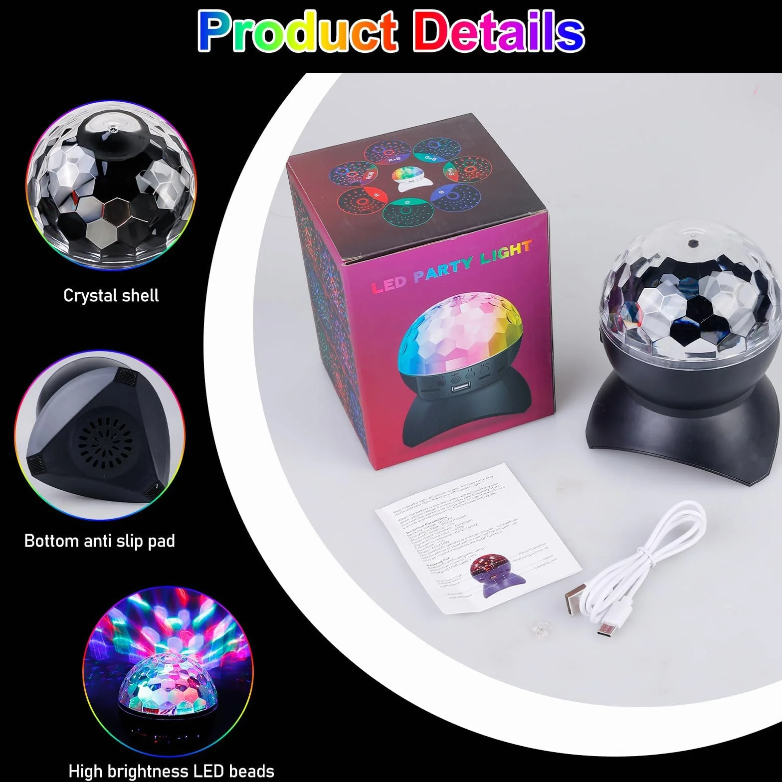 GOMETY Kula dyskotekowa, możliwość ponownego ładowania, oświetlenie dyskotekowe LED, Bluetooth, kula dyskotekowa obracana o 360°, oświetlenie imprezowe, tryb muzyki, oświetlenie sceniczne RGB