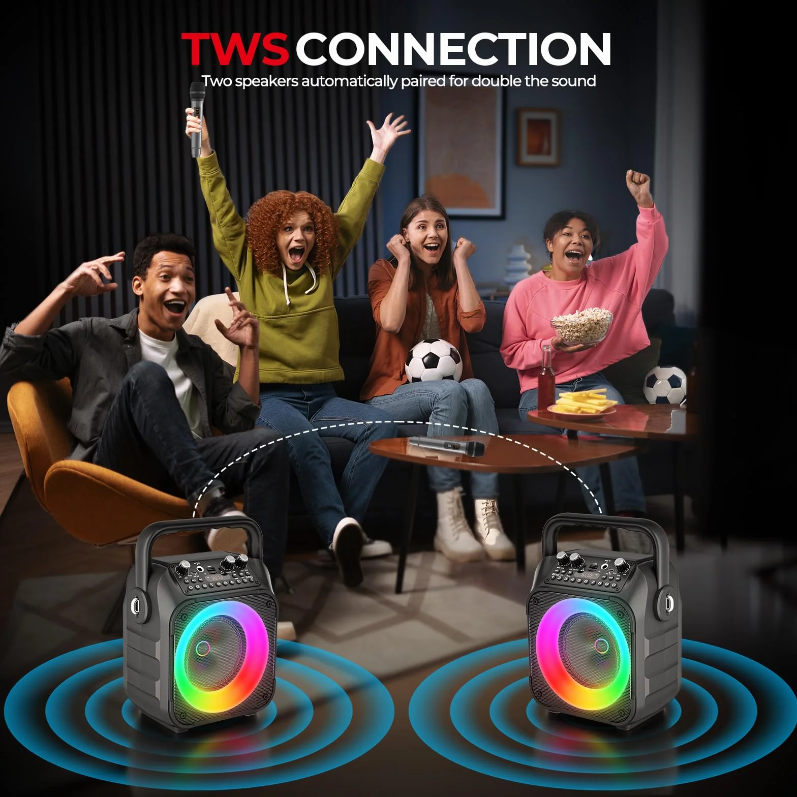 Ankuka Przenośny Głośnik Bluetooth Karaoke z 2 Mikrofonami, System PA, TWS/FM/AUX/USB/TF/REC, Czarny