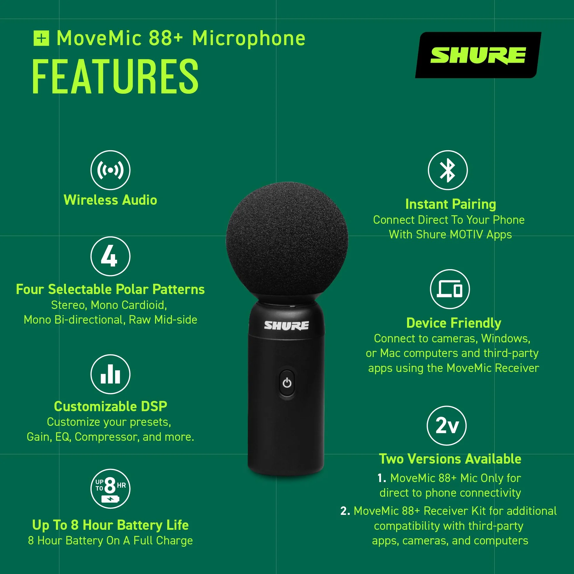 Shure Zestaw Bezprzewodowy mikrofon MoveMic 88+ - pro rejestrator dźwięku do nagrywania filmów/wywiadów w terenie | kompatybilny z iOS/Android za pośrednictwem aplikacji MOTIV (MV88+W-KIT-Z6)