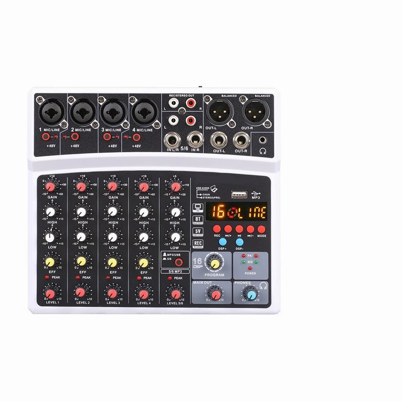Mikser audio Bezprzewodowy 6-kanałowy Mikser Audio Przenośna Konsola Miksująca Interfejs USB Karta Dźwiękowa Z 16 DSP Echo 48V Zasilanie Phantom(06D-White)