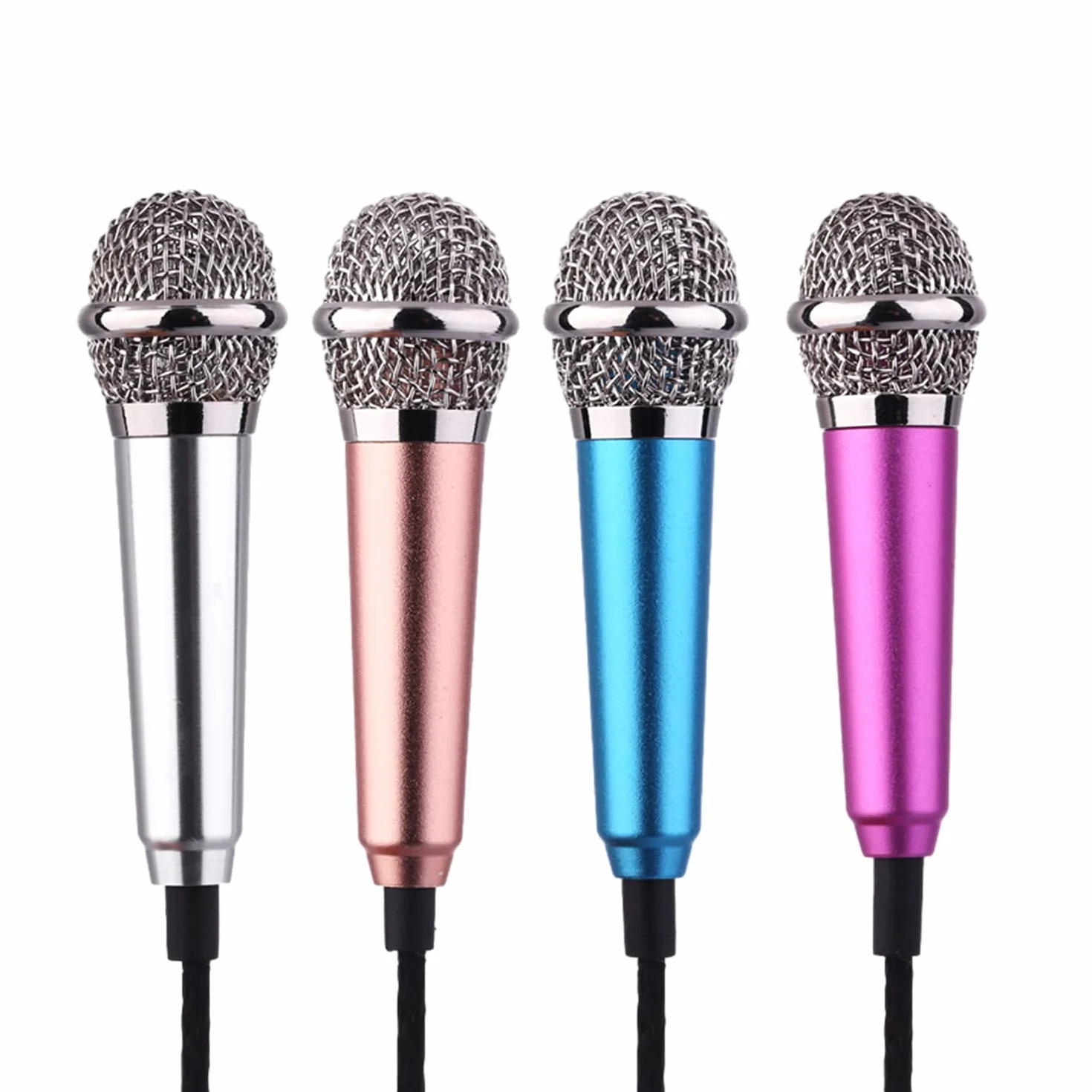 Zestaw 4 mini mikrofonów do nagrywania - przewodowe przenośne karaoke - małe kolorowe metalowe mikrofony - kompatybilne z telefonami