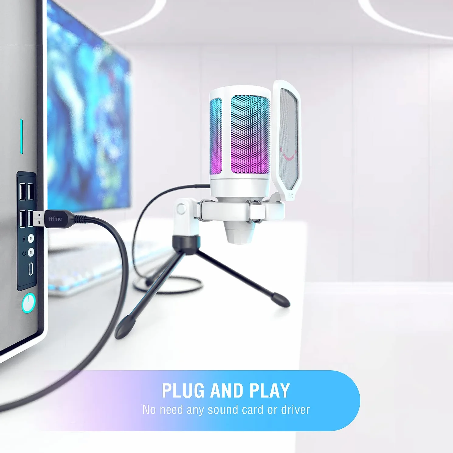 FIFINE USB Mikrofon do gier RGB Kondensator z przyciskiem ciszy odporny na wstrząsy uchwyt statywu filtr antyPop do streamingu Discord Twitch Podcasty