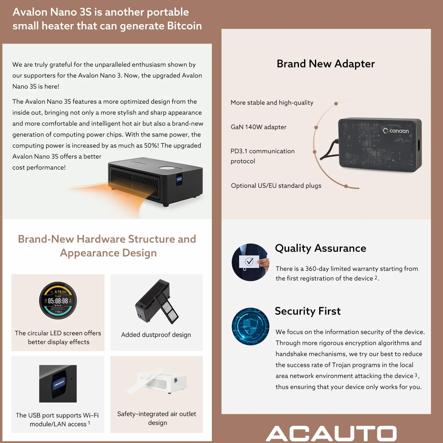 Canaan Avalon Nano 3S BTC Miner - 6 TH/s 140W Bitcoin ASIC Miner - Tłumik z oryginalnym zasilaczem Canaan - Stojak Solo Mining & Stake Pool do biura i domu (czarny)