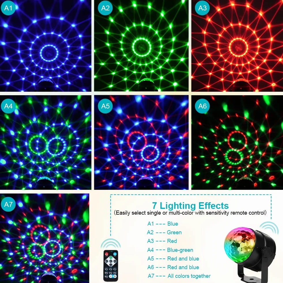 URAQT LED Disco Lights, 360 ° Obrotowy pilot Aktywowane muzyką oświetlenie imprezowe, z pilotem, 7 kolorów RGB Dynamiczny efekt świetlny, oświetlenie sceniczne Reflektory do baru, klubu (1 opakowanie)