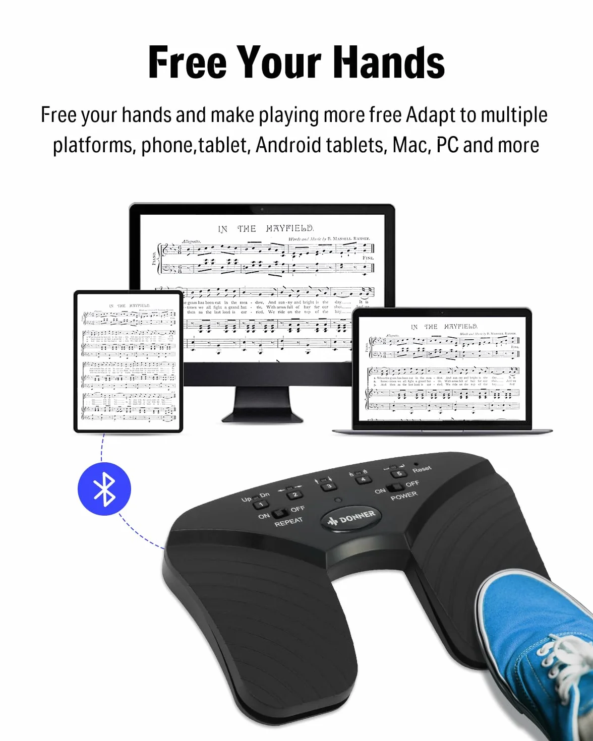 Donner Bezprzewodowy przewracania stron akumulator muzyczny nożny do tabletów telefonu czarny