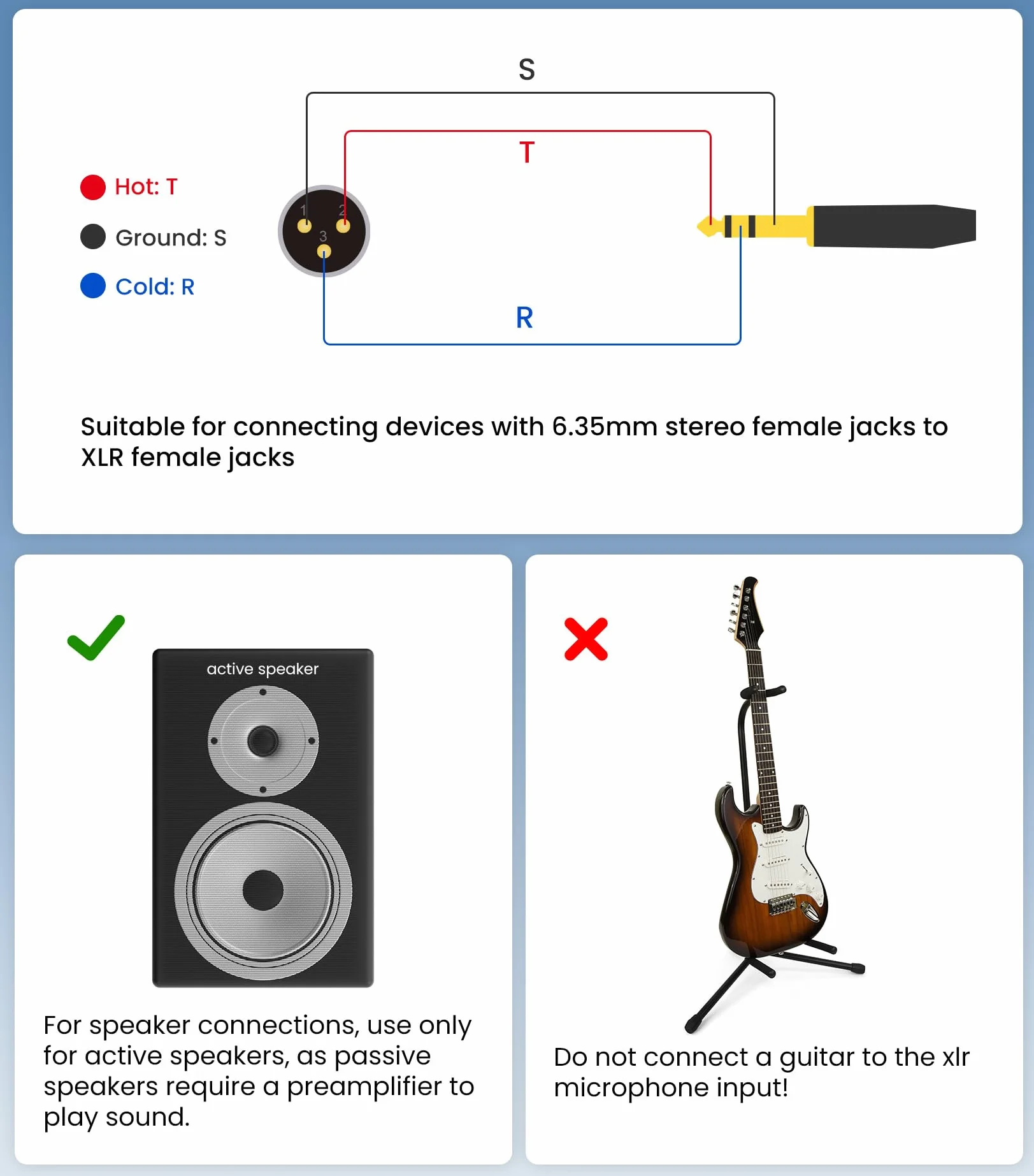 Tisino Kabel 6,35 mm TRS na XLR męski, zbalansowany kabel audio, 20 AWG OFC ekranowany, pozłacane złącza, nylonowy oplot, do miksera, głośnika aktywnego, wzmacniacza i sprzętu audio-3m