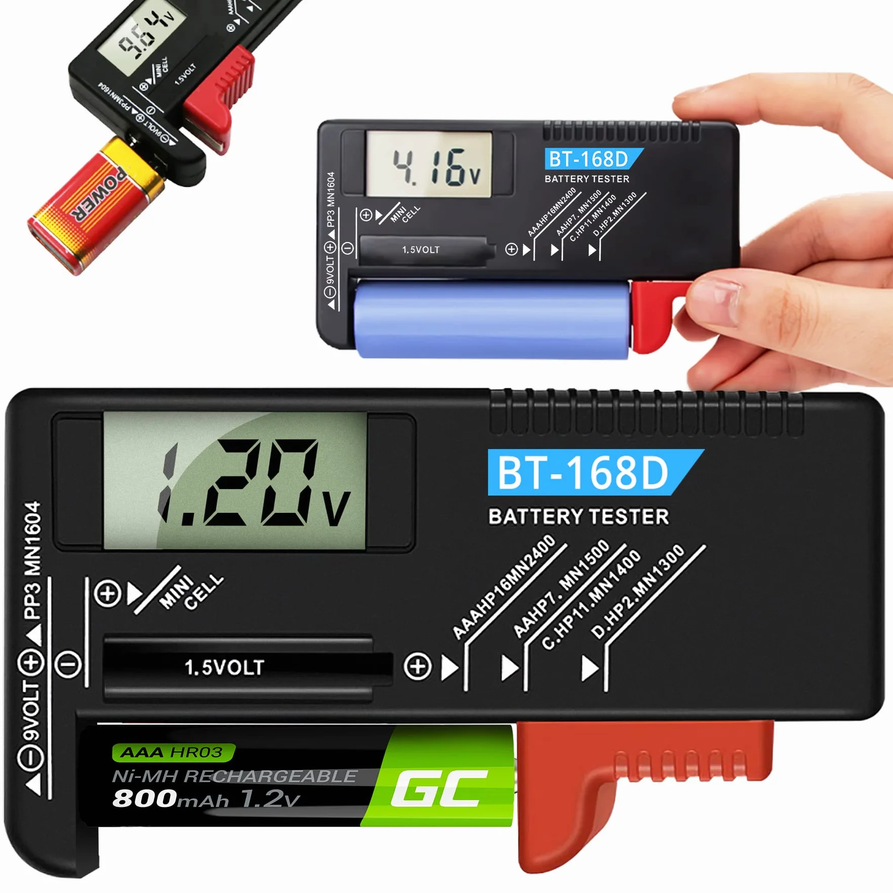 Retoo Cyfrowy tester baterii AAA, AA, CR, przycisk 1,5 V, 3,7 V, 9 V, wskaźnik naładowania/woltu, sprawdzania i miernika