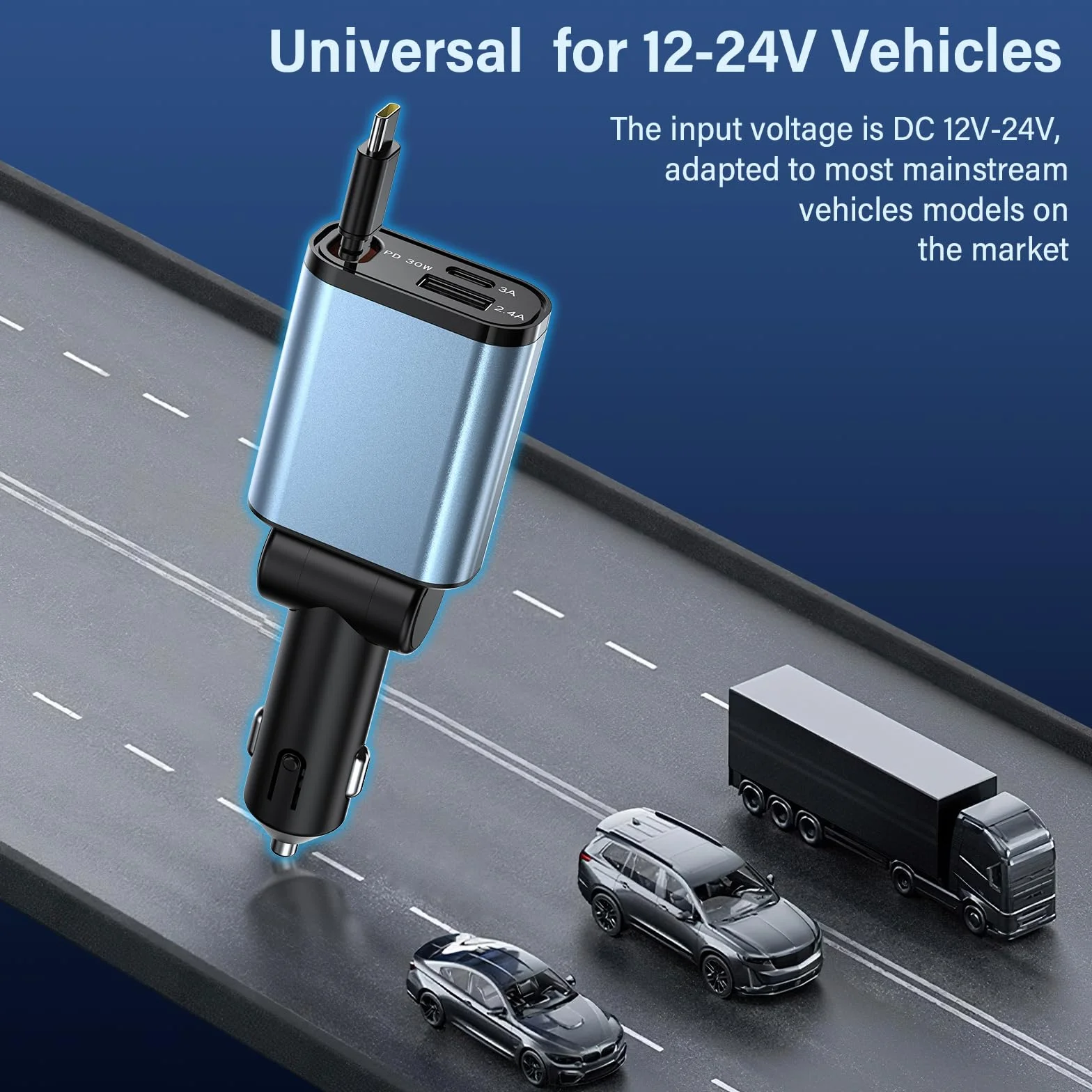 Ładowarka samochodowa USB C z kablem PD 30 W typu C, podwójny port zapalniczki samochodowej adapter 15 W USB-C + 12 W USB, 180° Flip kompaktowa ładowarka samochodowa 12 V/24 V do smartfonów i tabletów