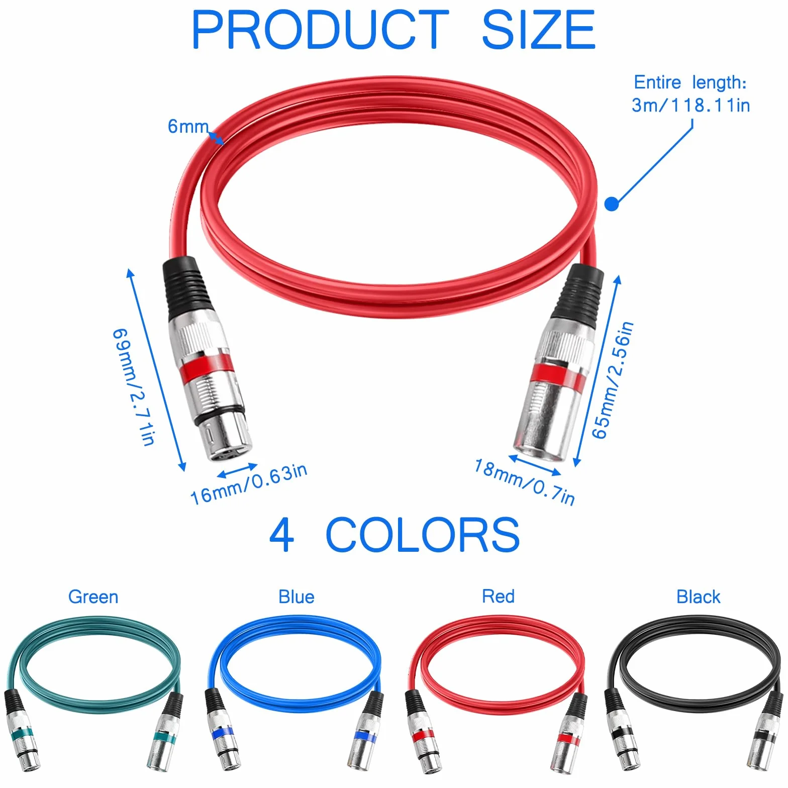 GBKDQQ 4 x kabel XLR 3 m, symetryczny kabel mikrofonowy, kabel połączeniowy do mikrofonu DMX, 3-pinowy kabel połączeniowy, adapter męski na żeński, kabel do nagrywania studyjnego i produkcji