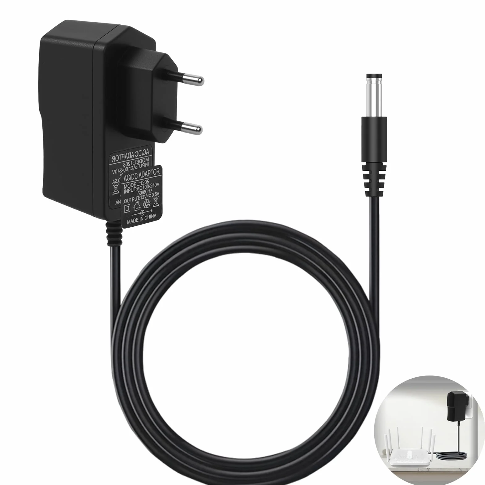 Zasilacz 12 V 0,5 A, zasilacz 12 V 0,5 A, uniwersalny zasilacz AC 100-240 V do DC 6 W ze złączem 5,5 x 2,1 mm, 6 W zasilacz do kamer CCTV Taśmy LED Router, 1 M