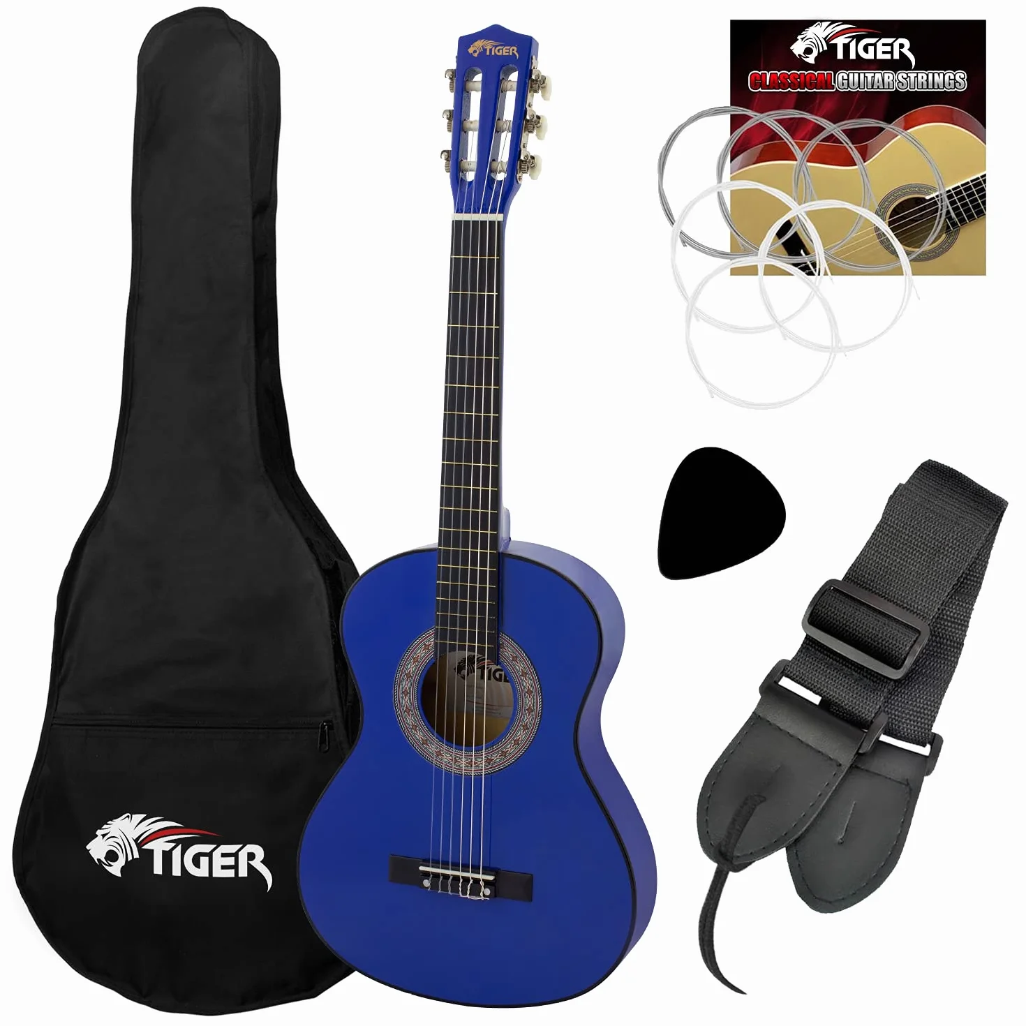 TIGER CLG4-LH-BL dla leworęcznych rozmiar 3/4 dla dzieci klasyczny zestaw gitarowy - pakiet gitarowy z torbą, zapasowymi strunami, paskiem i kostką, idealny dla dzieci w wieku 9-11 lat - niebieski