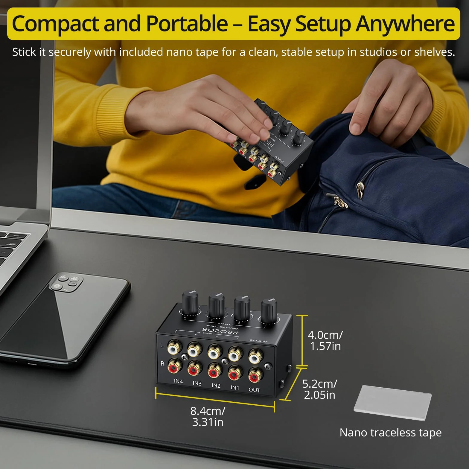 PROZOR Mikser audio RCA – 4-kanałowy mini pasywny mikser stereo z niezależną pokrętłem głośności, wejście i wyjście RCA, do kina domowego DJ-a, nie wymaga zasilania