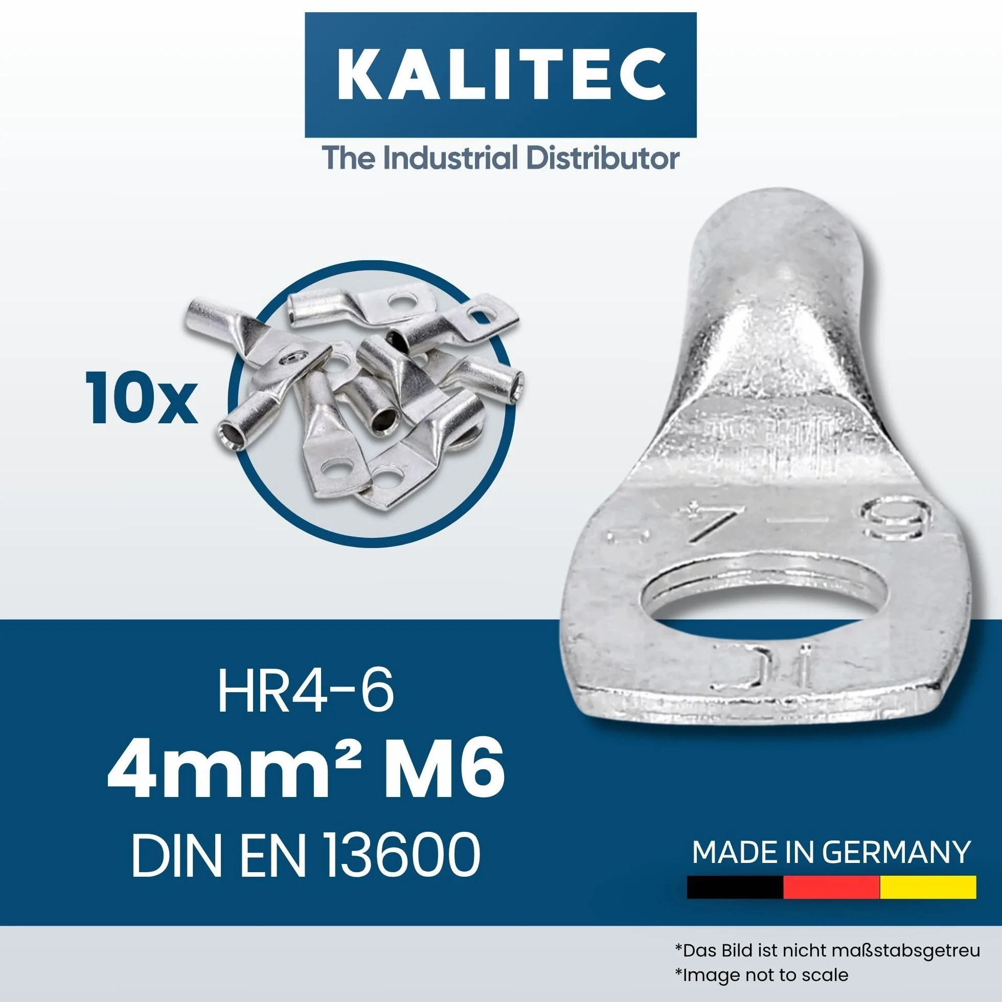 Kalitec HR4-6, 10 standardowych końcówek kablowych 4 mm² M6 I bez widocznego otworu I Made in Germany