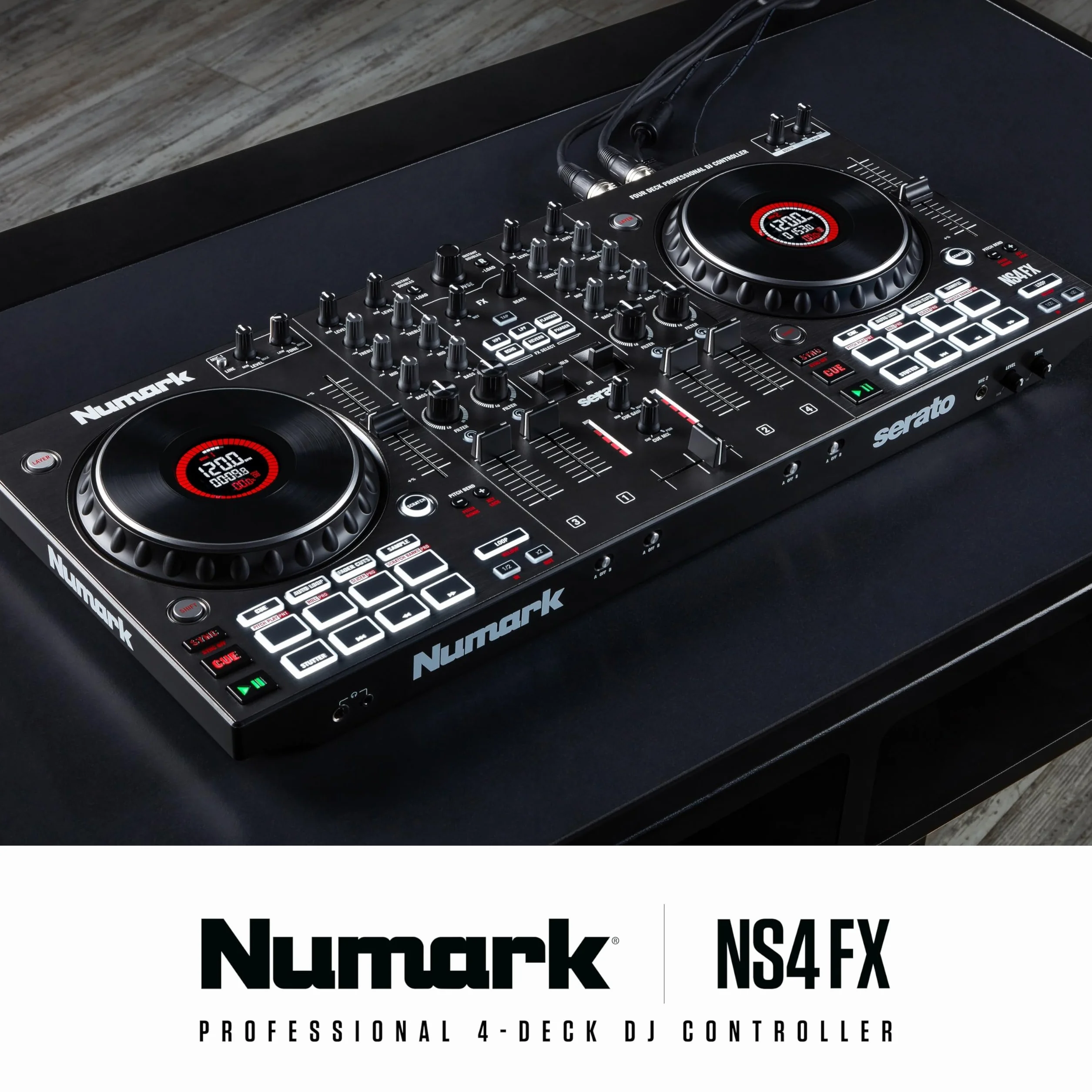 Numark NS4FX 4-Kanałowy DJ Kontroler, Dotykowe Koła Jog z Wyświetlaczem, Pady i Efekty, Wyjście Booth i Główne, w Komplecie Serato DJ Lite