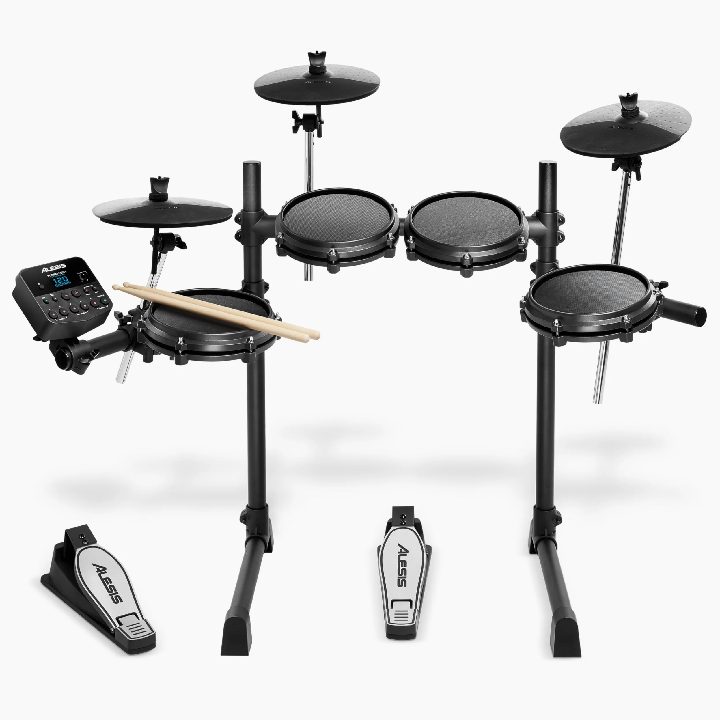 Alesis Turbo Mesh Kit - 7-Częściowa Siateczkowa Perkusja Elektroniczna ze Stalowym Statywem, Ponad 100 Brzmień i Utworów oraz Kable i Pałeczki