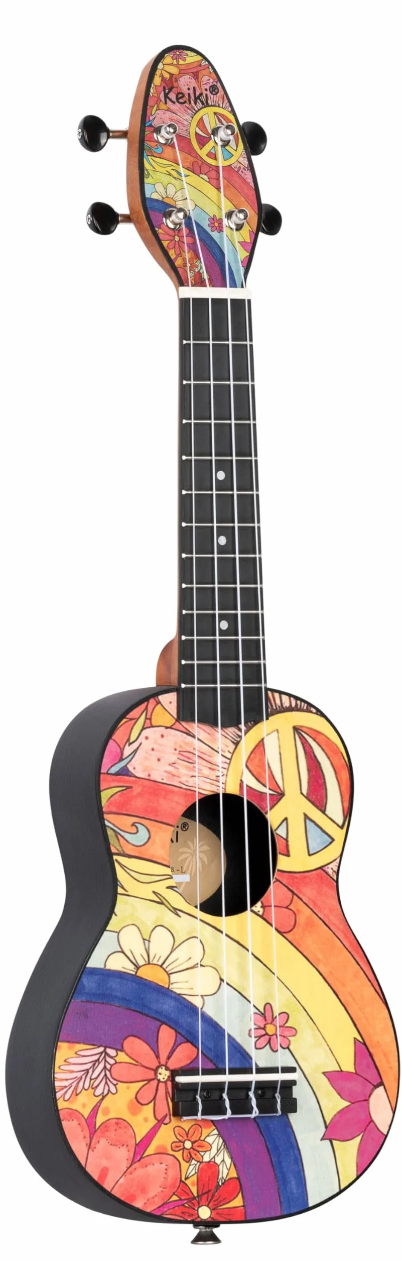 Ortega Guitars Leworęczne Ukulele Sopranowe – Akustyczne – Seria Keiki K2 – w Zestawie z Akcesoriami – Agathis/ABS, Motyw Peace '68 (K2-68-L)
