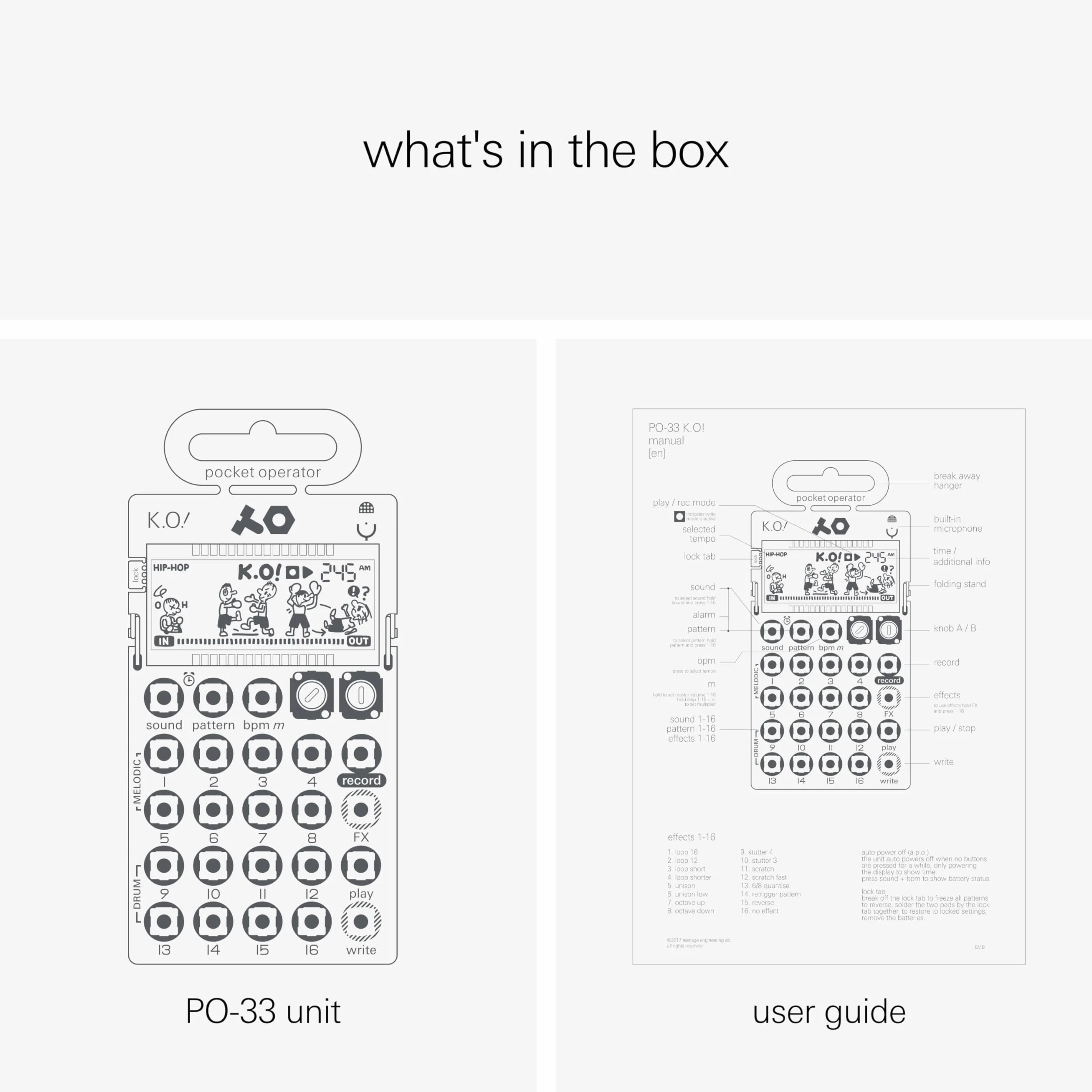 Teenage Engineering PO-33 KO Pocket Operator Synthesizer Przenośny mikrosampler (wejście liniowe, mikrofon, gniazda melodii i perkusji, sekwencer krokowy), TEE0039