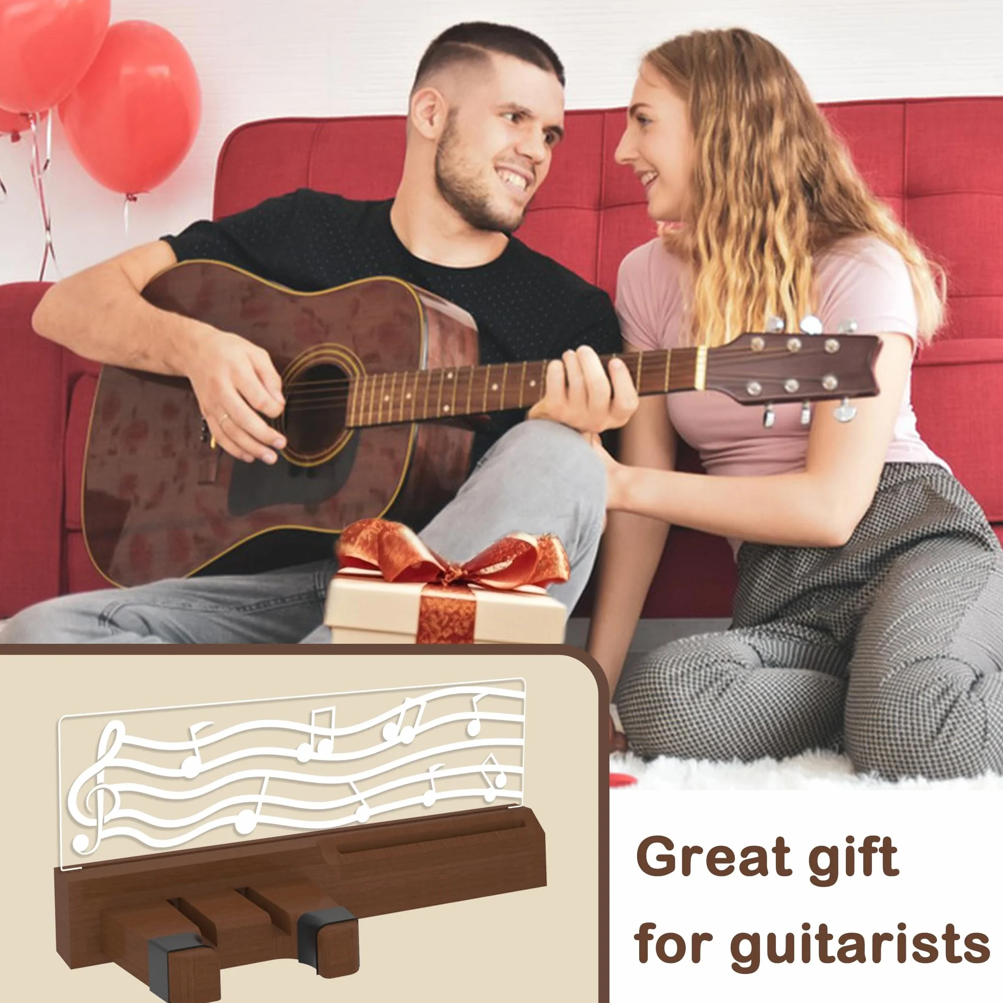 YuanDian Podświetlany uchwyt ścienny do gitary z uchwytem na kostkę, drewniany wieszak na gitarę, zasilany przez USB, do akustyki, elektrycznego, basu, ukulele, wyświetlania mandoliny i