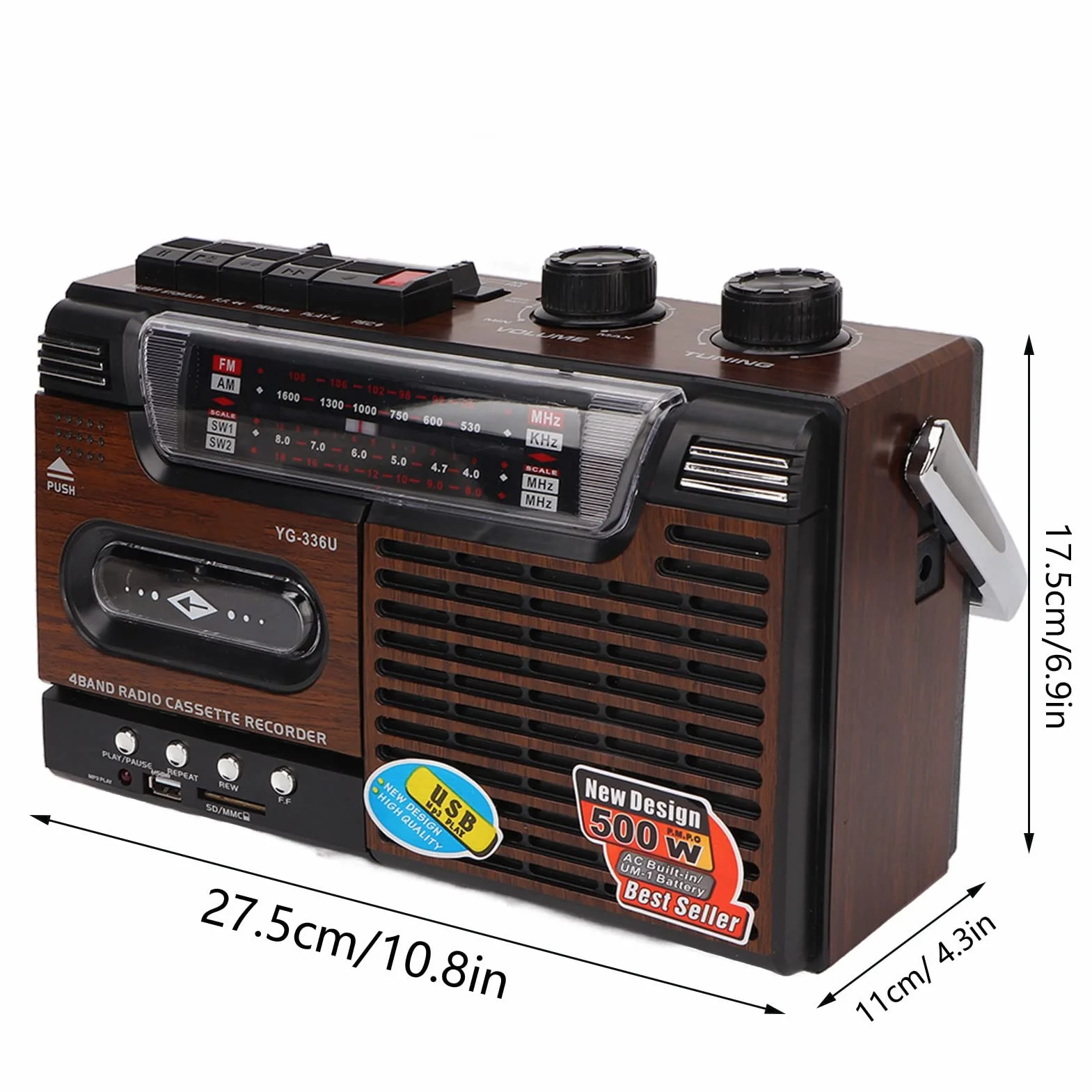 Przenośny odtwarzacz kasetowy, radio AM-FM, magnetofon kasetowy w stylu retro do domu i rozrywki, doskonała jakość dźwięku, częstotliwość robocza 530-1600 kHz,