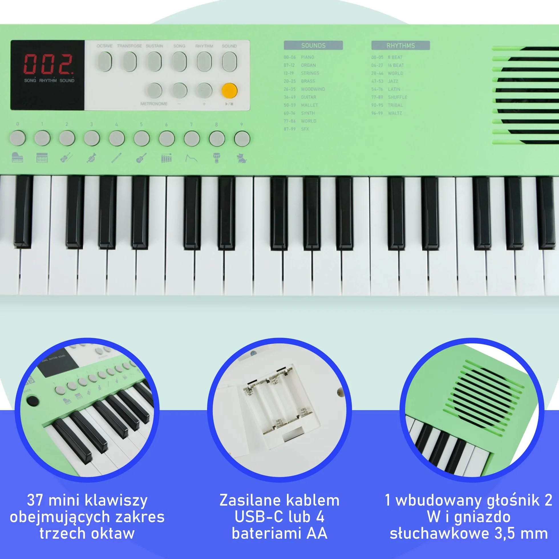 Axus Mini Przenośna Klawiatura 37 W Kolorze – Zabawne Pianino Elektryczne Dla Początkujących, Usb-C Lub Zasilanie Bateryjne