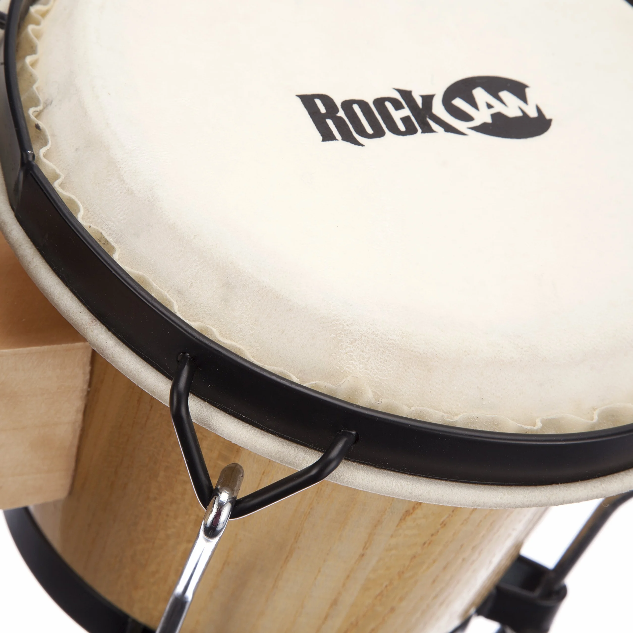 RockJam RJ-100300 zestaw bongo 17.8 cm i 20.3 cm z wyściełaną torbą i kluczem tuningowym naturalny